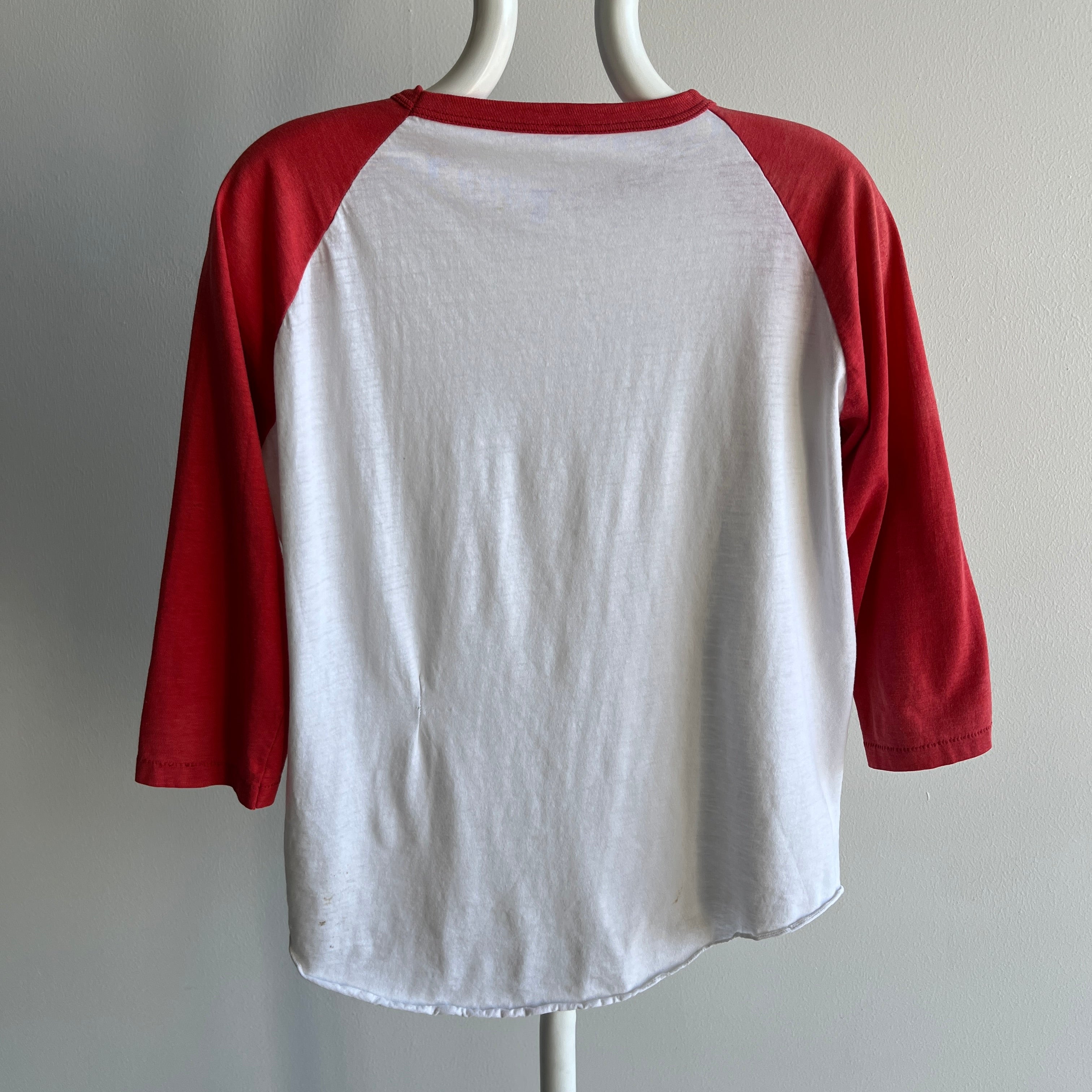 1970/80s Perfectly Faded, Mended and Bleach Stained Red and White Baseball T-Shirt