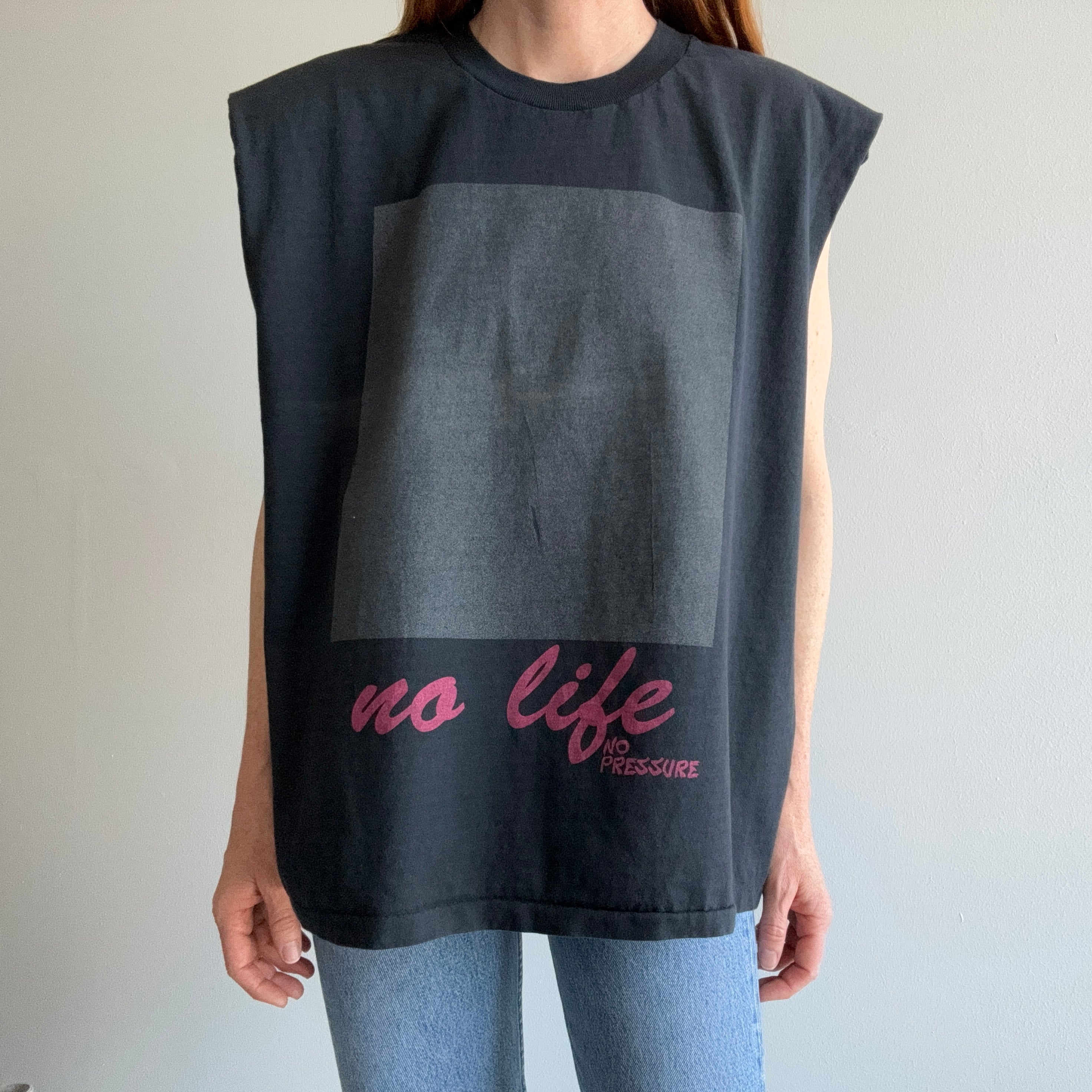 1980s No Life, No Pressure Cut Sleeve Tank Top