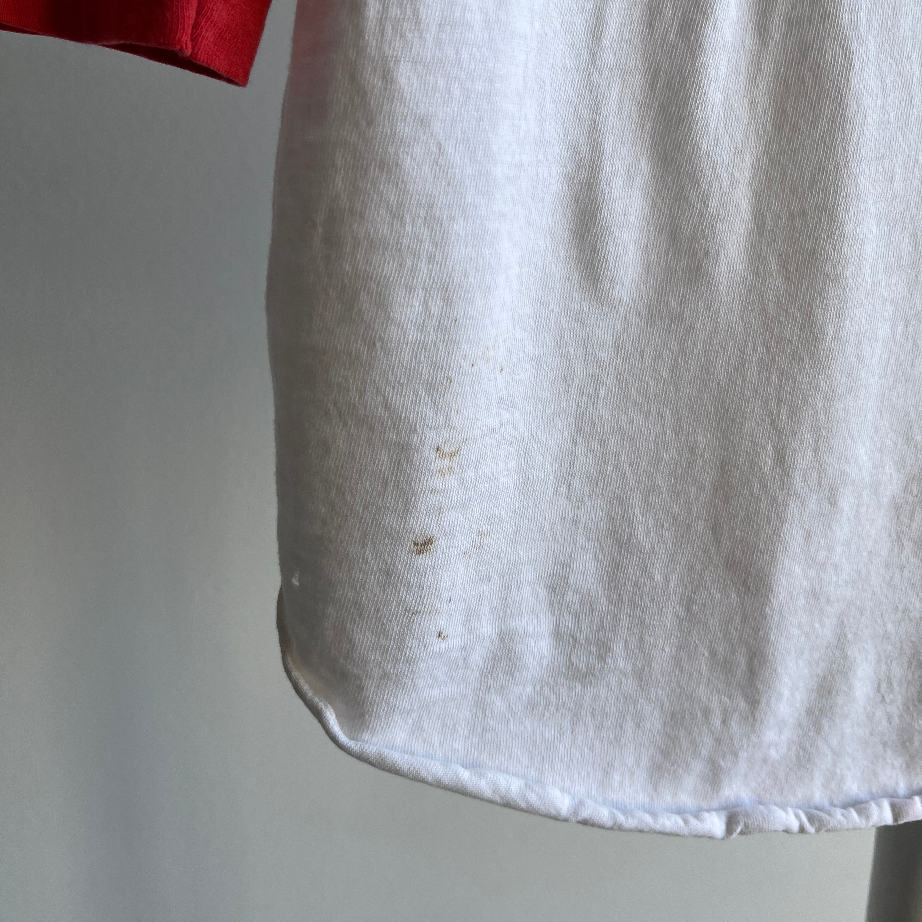 1970/80s Perfectly Faded, Mended and Bleach Stained Red and White Baseball T-Shirt