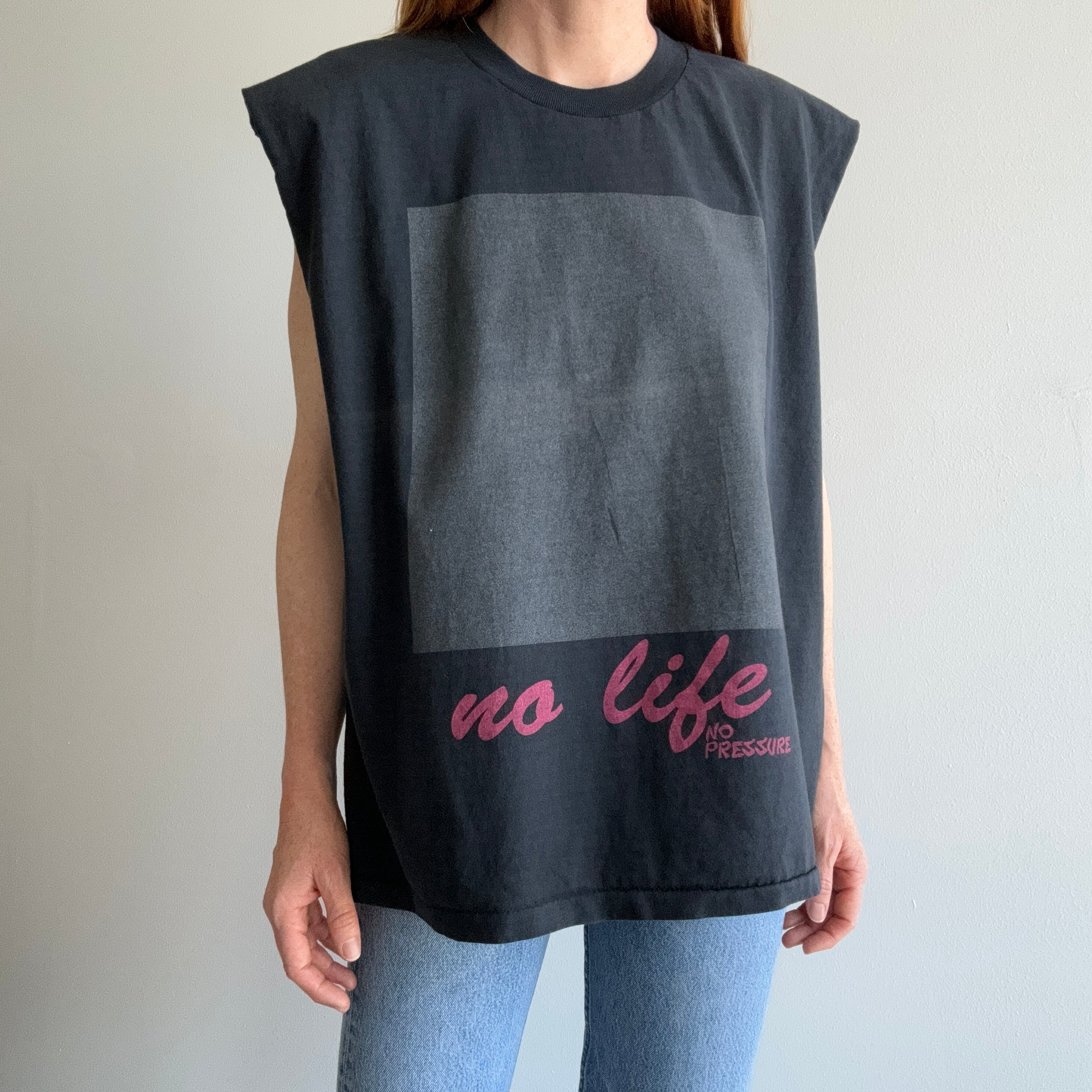 1980s No Life, No Pressure Cut Sleeve Tank Top