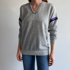 1980s GAP!!!!! Double Stripe V-Neck Sweatshirt - Purple and Gray