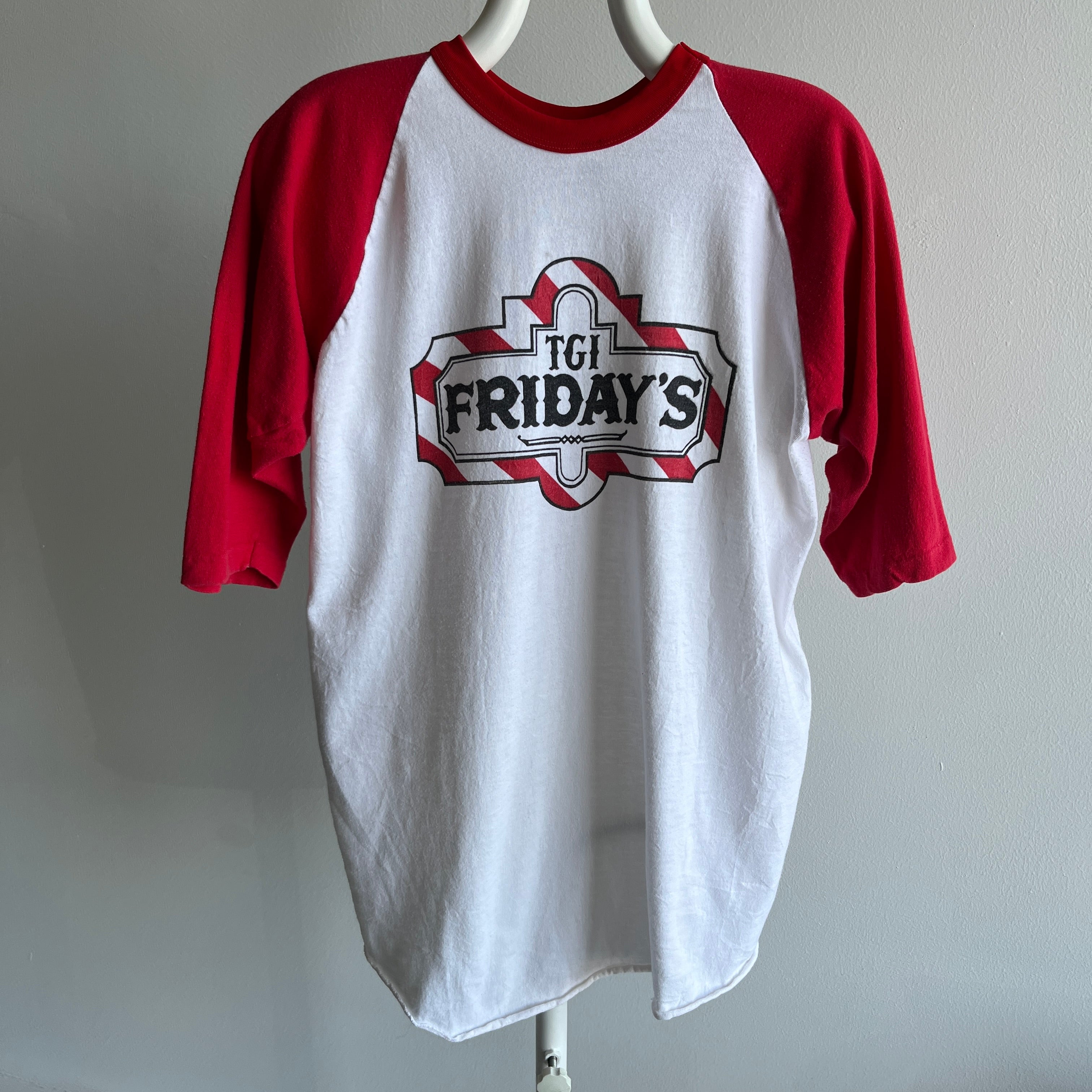 1980s TGIF Fridat\ys Front and Back Baseball T-Shirt