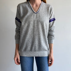 1980s GAP!!!!! Double Stripe V-Neck Sweatshirt - Purple and Gray