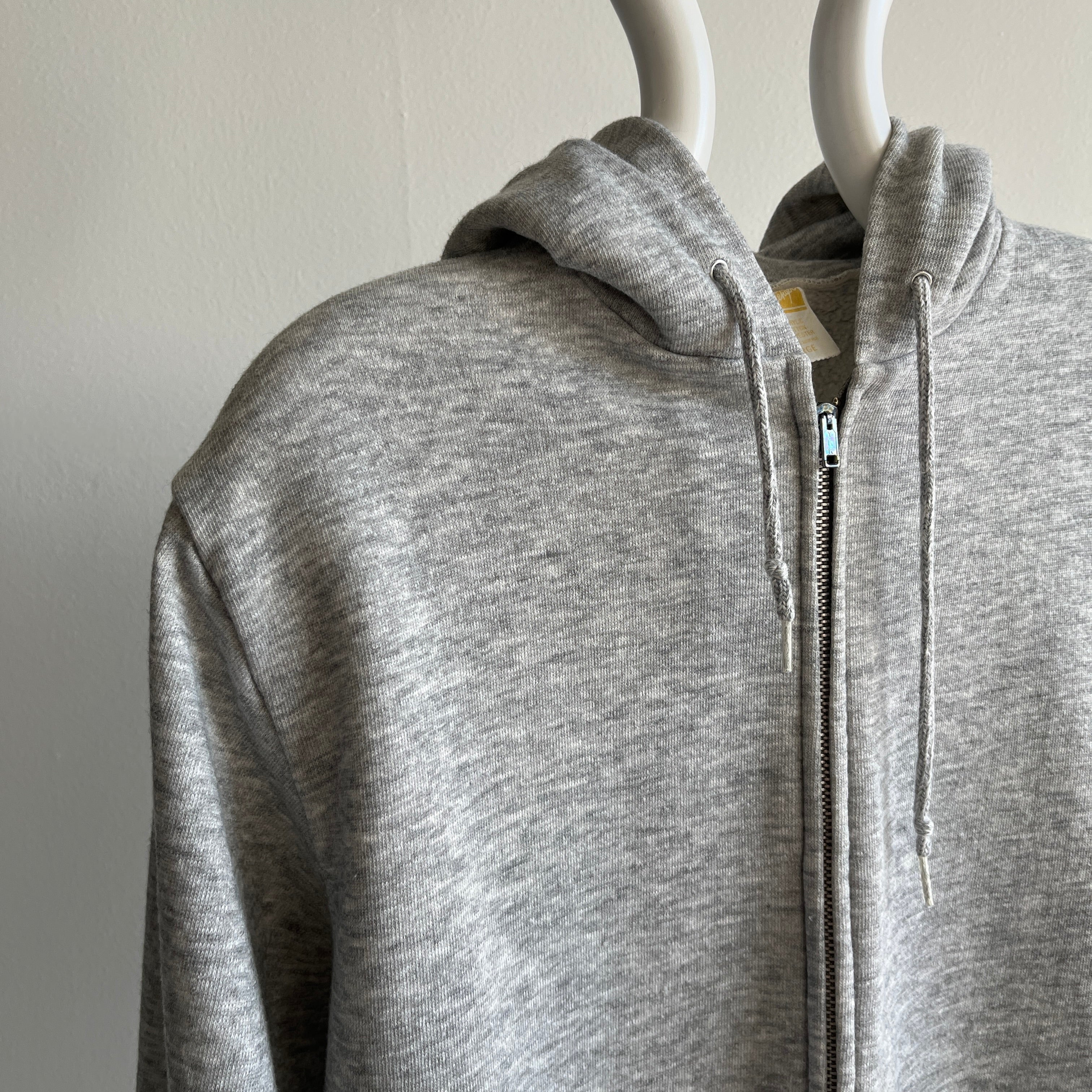 1970s Blank Gray Zip Up Hoodie with Great Sleeves