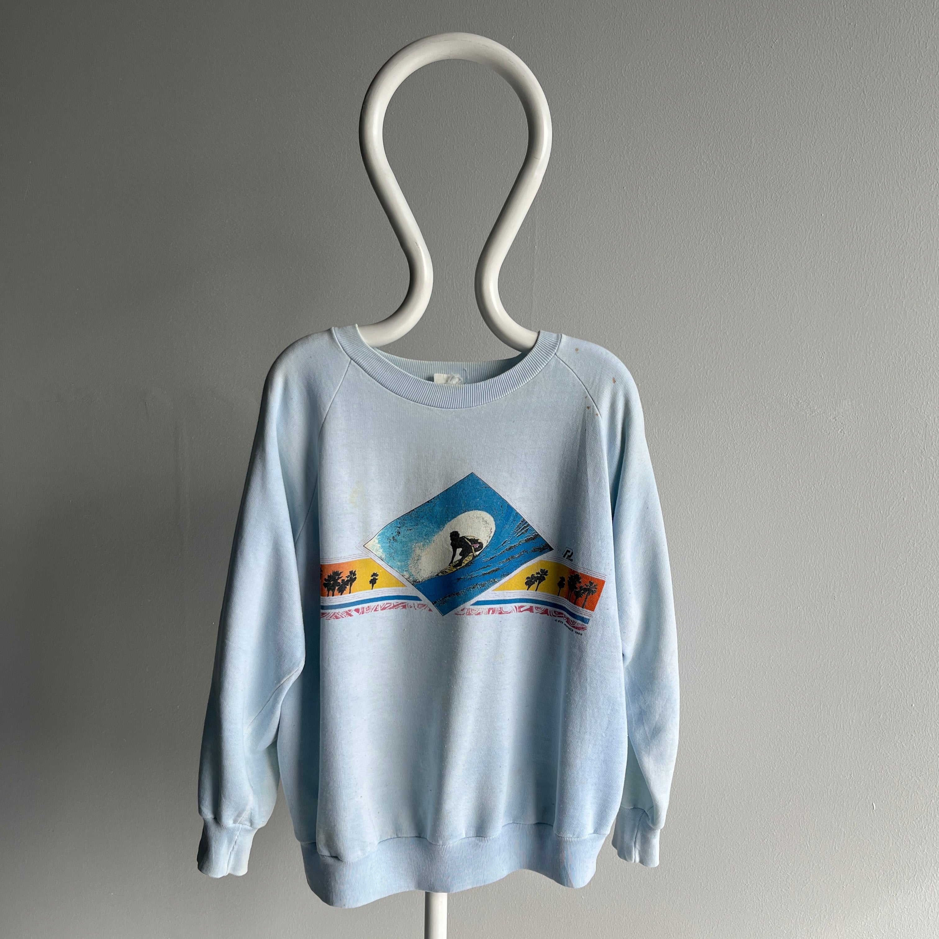 1985/6 Super Thinned Out and Stained Surfing Front and Back Sweatshirt