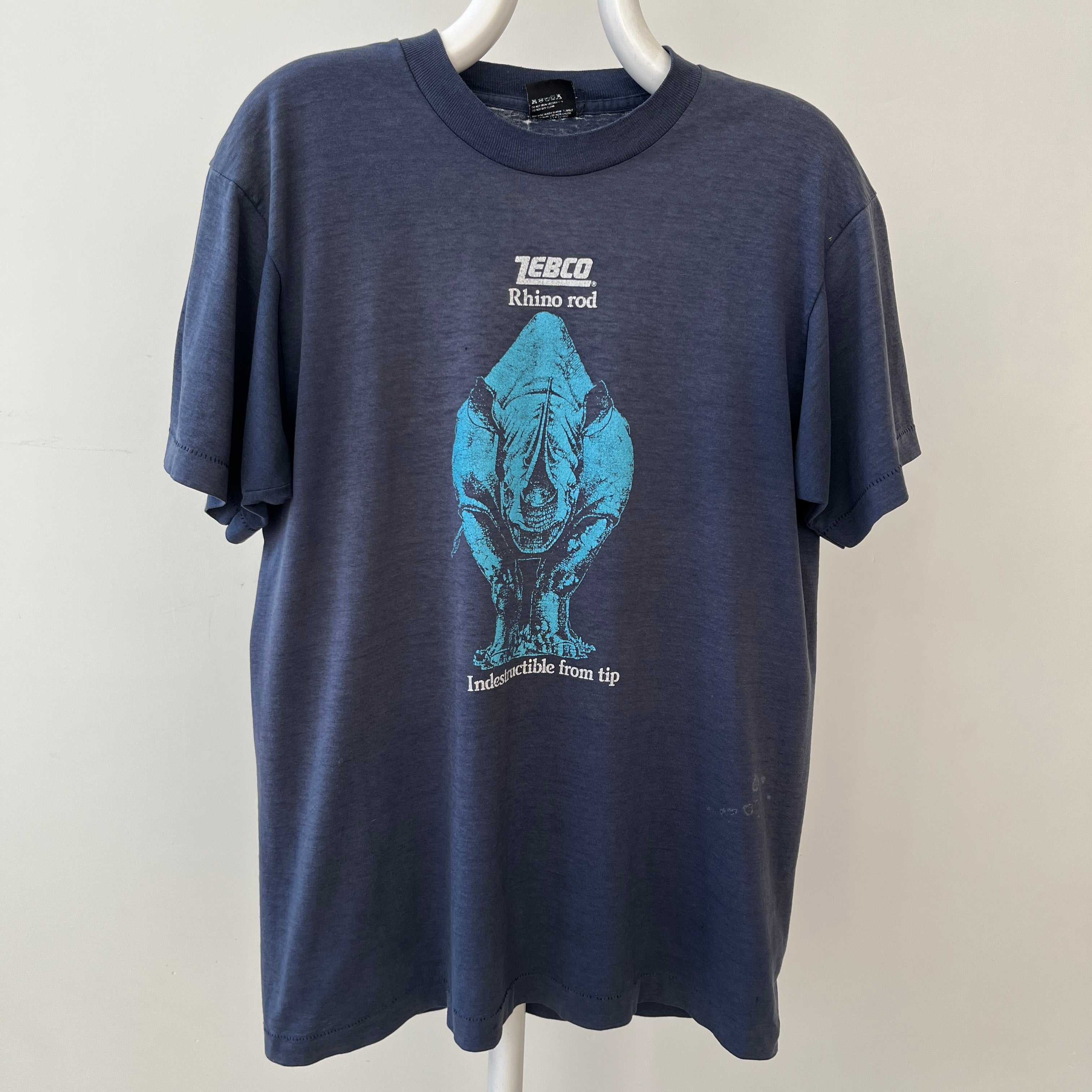 1980s Navy Blue Zebco Rhino Rod T Shirt - The Backside!