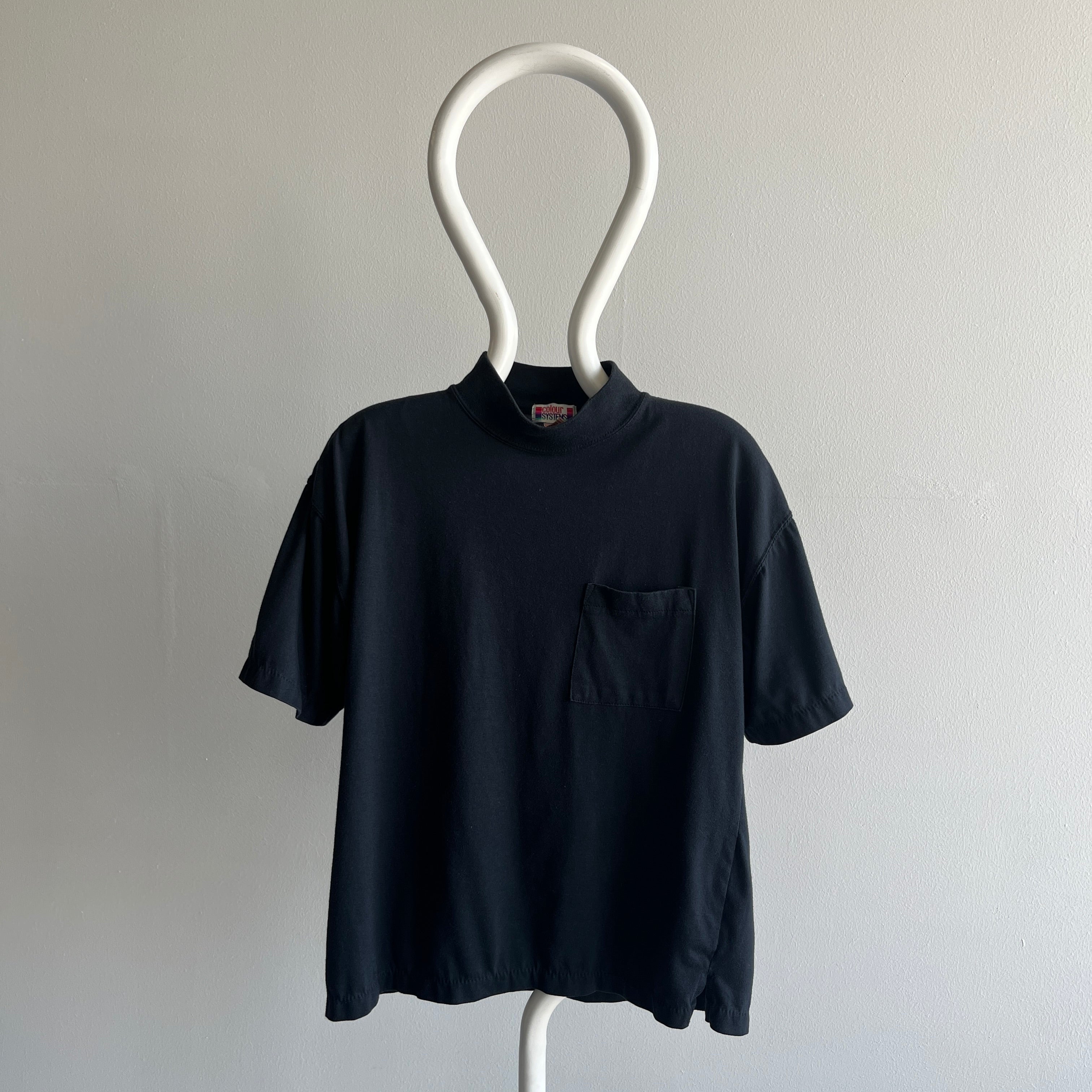 1980s Blank Black Mock Neck Pocket T-Shirt