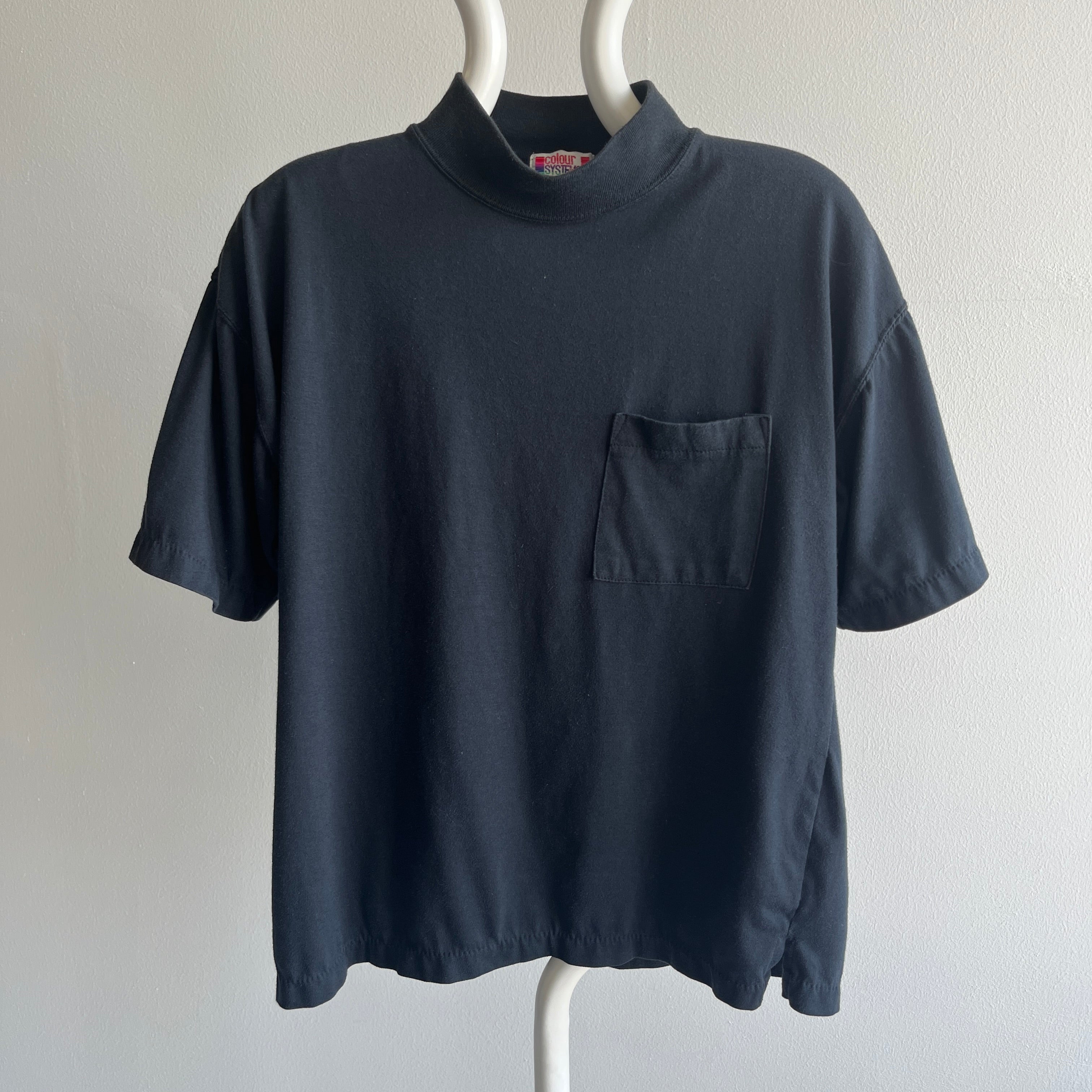 1980s Blank Black Mock Neck Pocket T-Shirt
