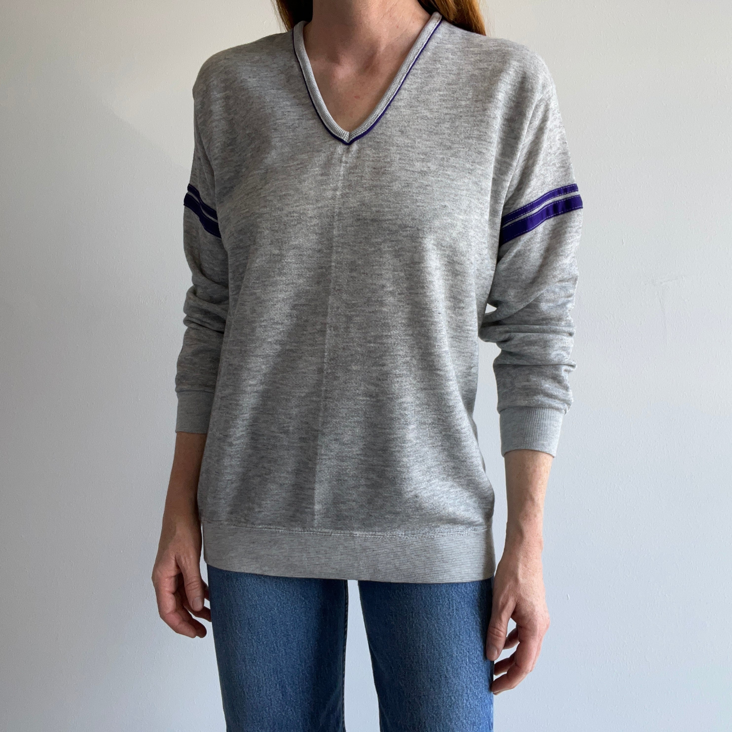 1980s GAP!!!!! Double Stripe V-Neck Sweatshirt - Purple and Gray