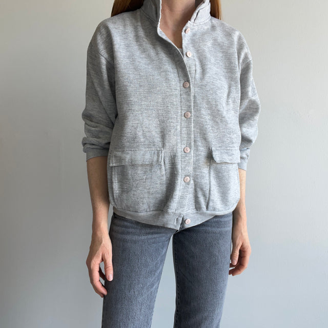 1980s Button Up Blank Gray Cardigan with Pockets for Snacks