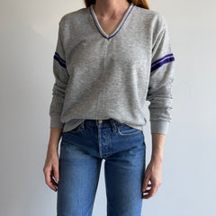 1980s GAP!!!!! Double Stripe V-Neck Sweatshirt - Purple and Gray