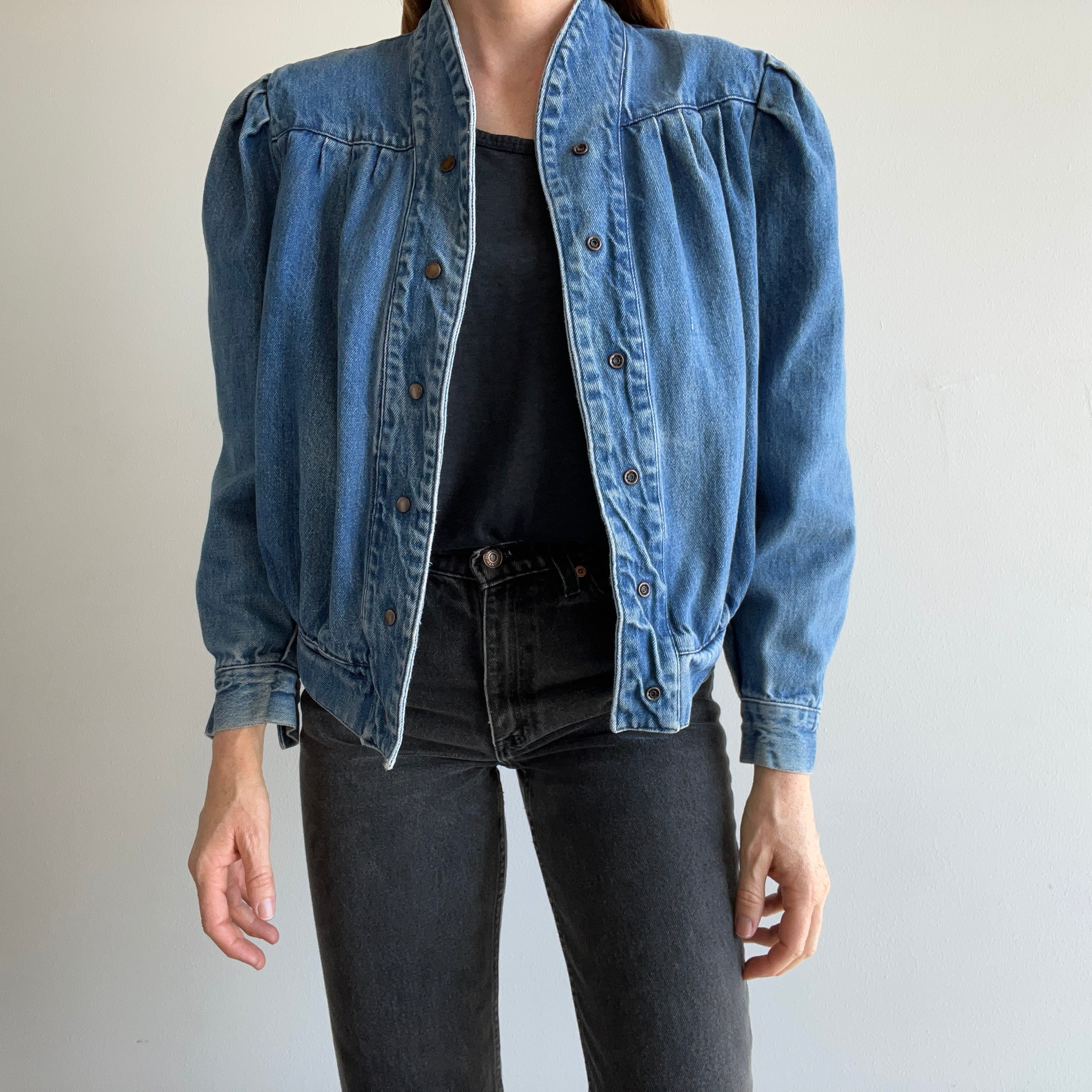 1980s Pleaded Denim Jacket with Snaps and.... SHOULDER PADS! Holy Moly!