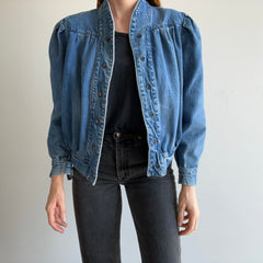 1980s Pleaded Denim Jacket with Snaps and.... SHOULDER PADS! Holy Moly!