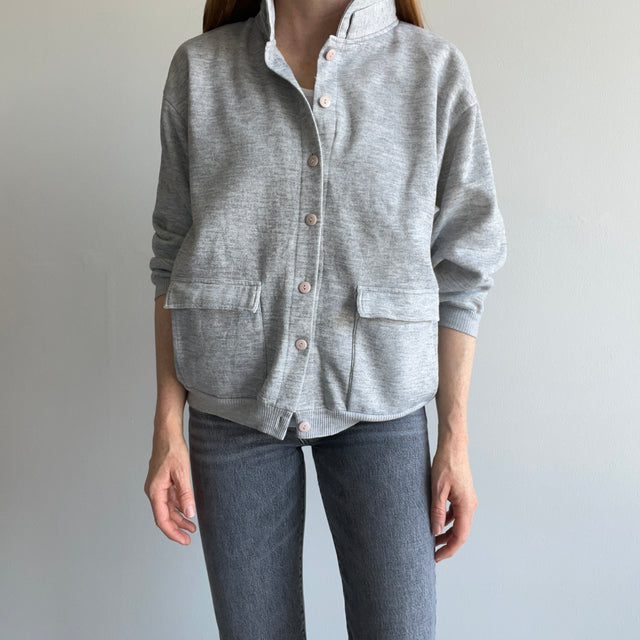 1980s Button Up Blank Gray Cardigan with Pockets for Snacks