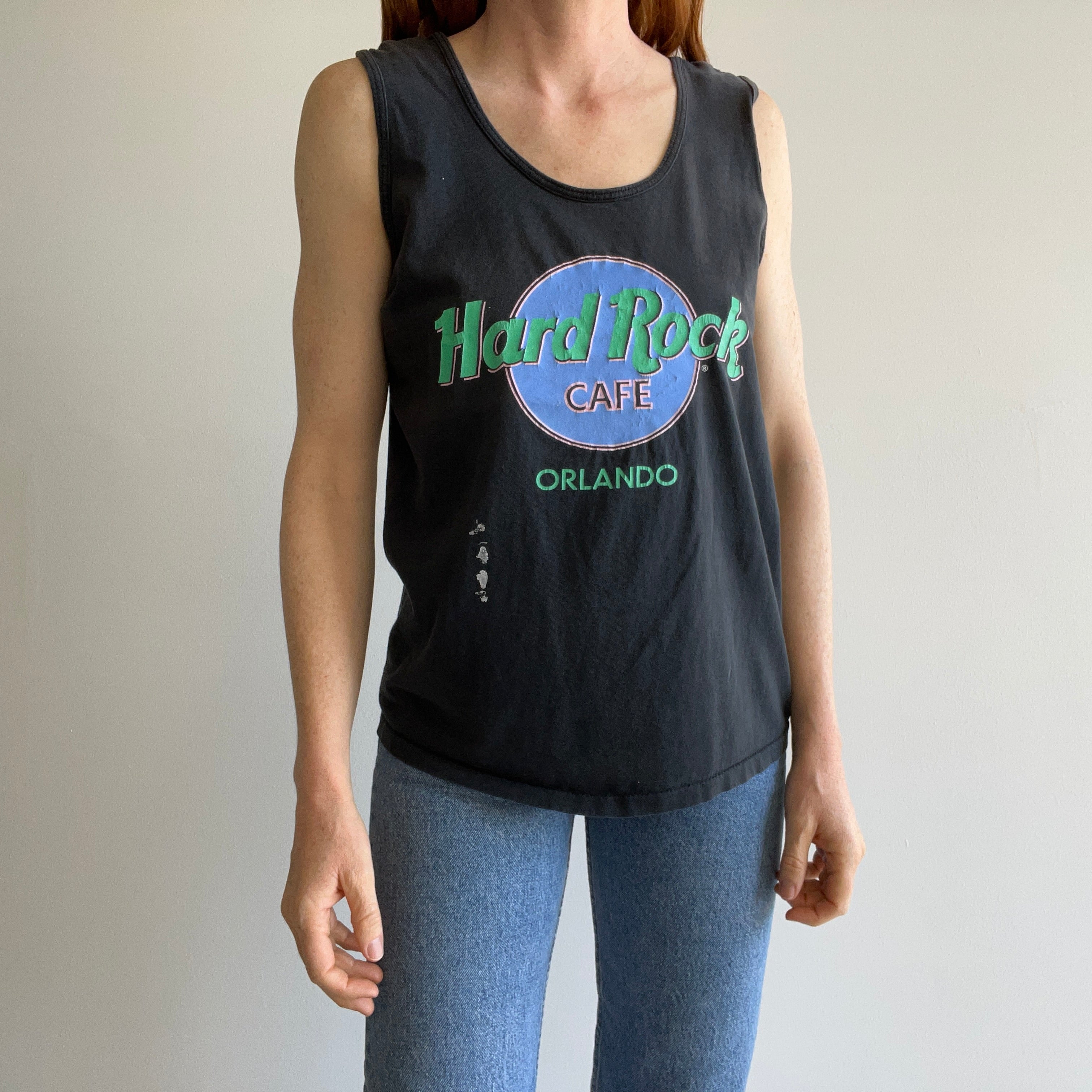 1980s Hard Rock Orlando Faded Cotton Tank Top With Paint Staining