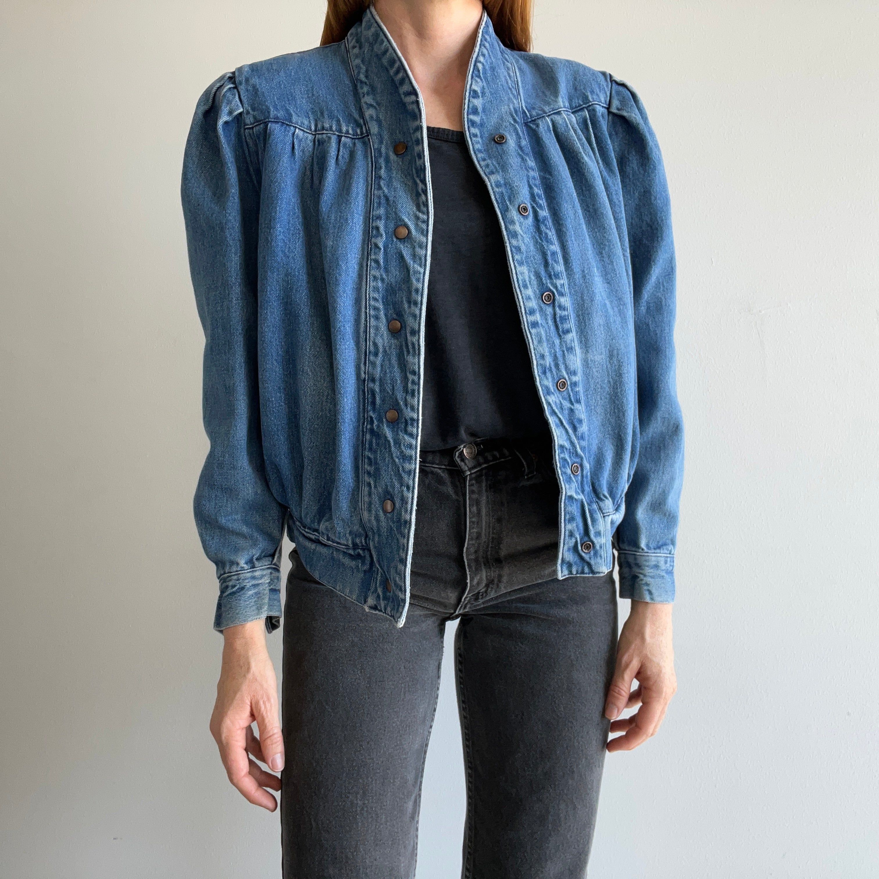 1980s Pleaded Denim Jacket with Snaps and.... SHOULDER PADS! Holy Moly!