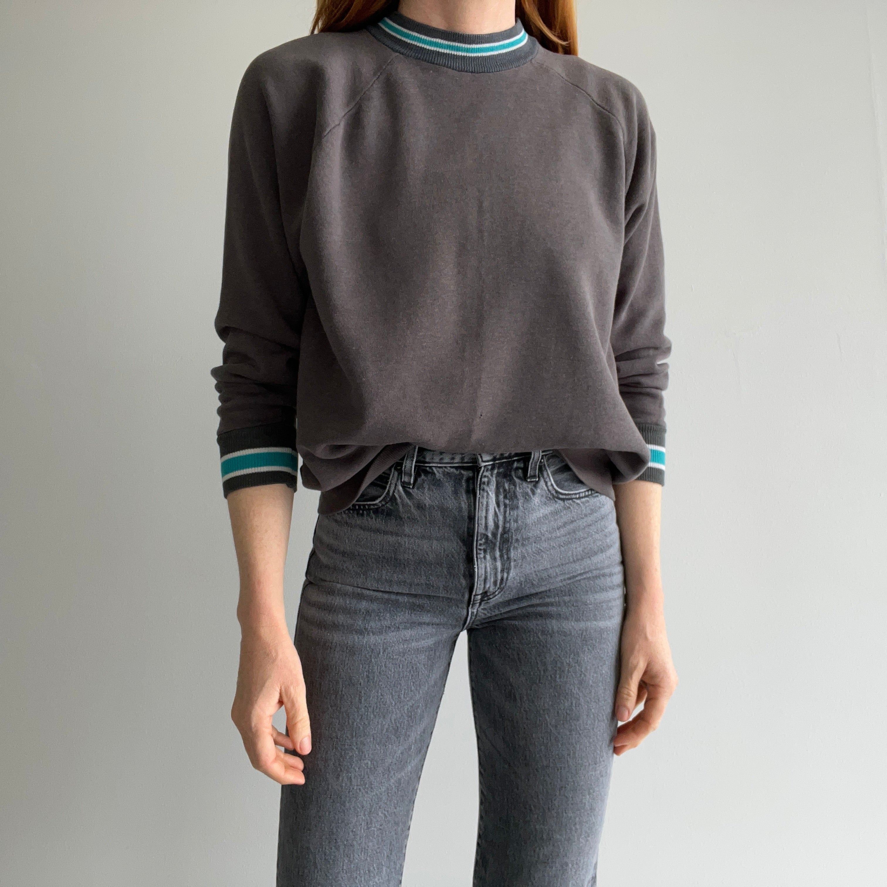 1980s Blank Deep Gray Sweatshirt with Striping