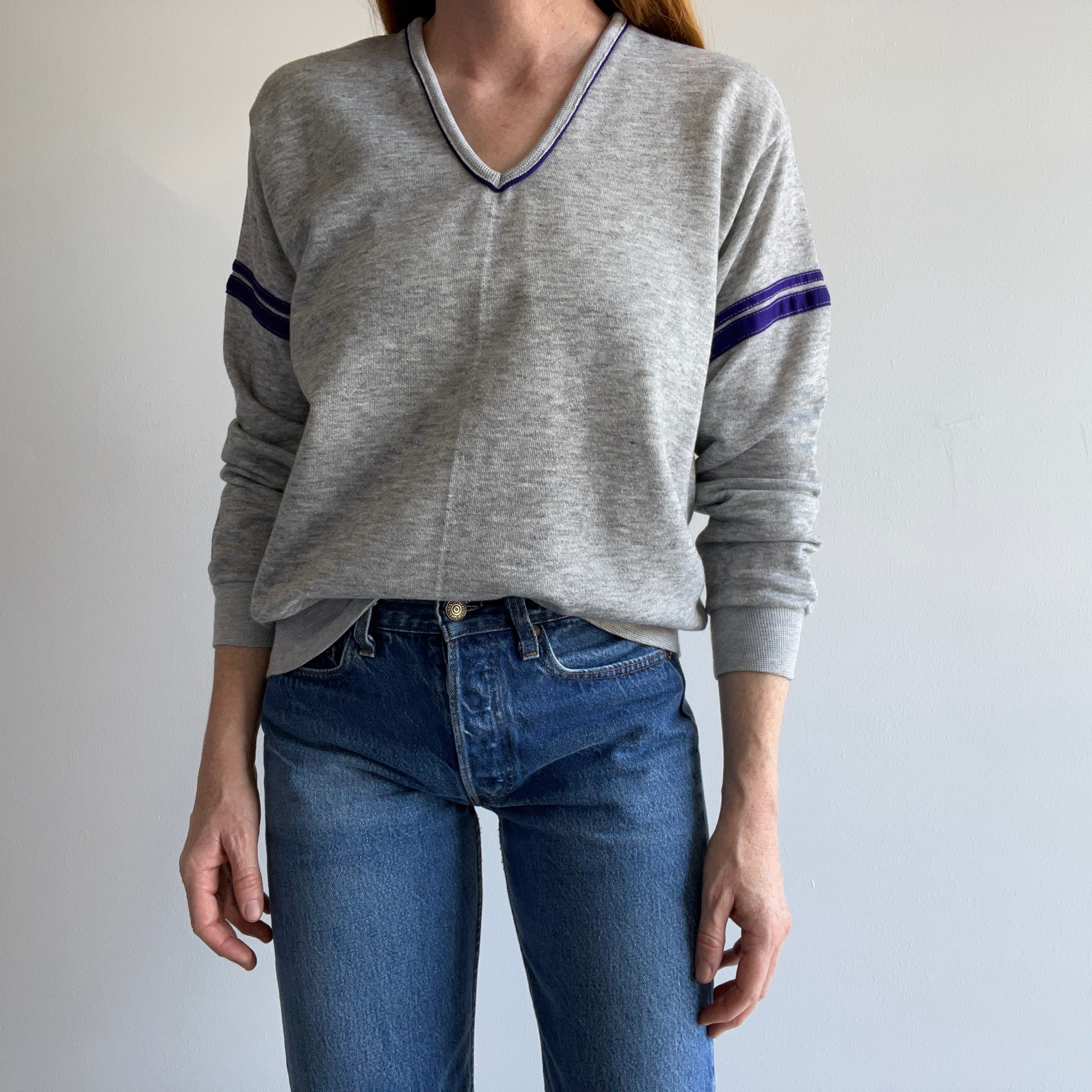 1980s GAP!!!!! Double Stripe V-Neck Sweatshirt - Purple and Gray