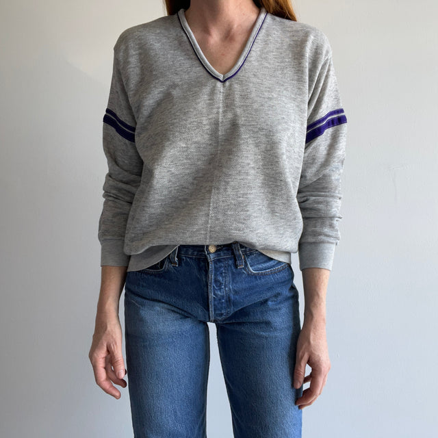 1980s GAP!!!!! Double Stripe V-Neck Sweatshirt - Purple and Gray