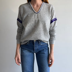 1980s GAP!!!!! Double Stripe V-Neck Sweatshirt - Purple and Gray