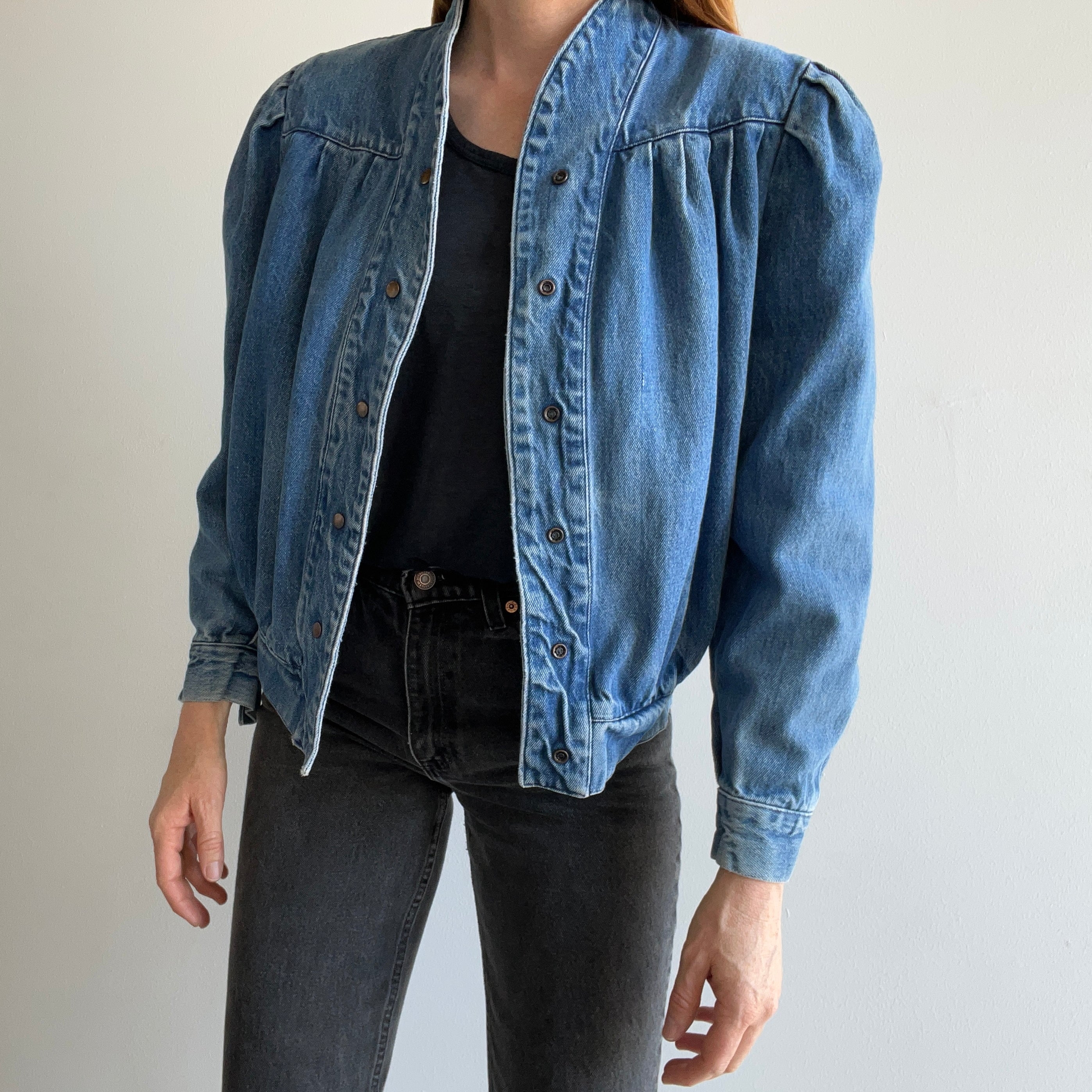 1980s Pleaded Denim Jacket with Snaps and.... SHOULDER PADS! Holy Moly!