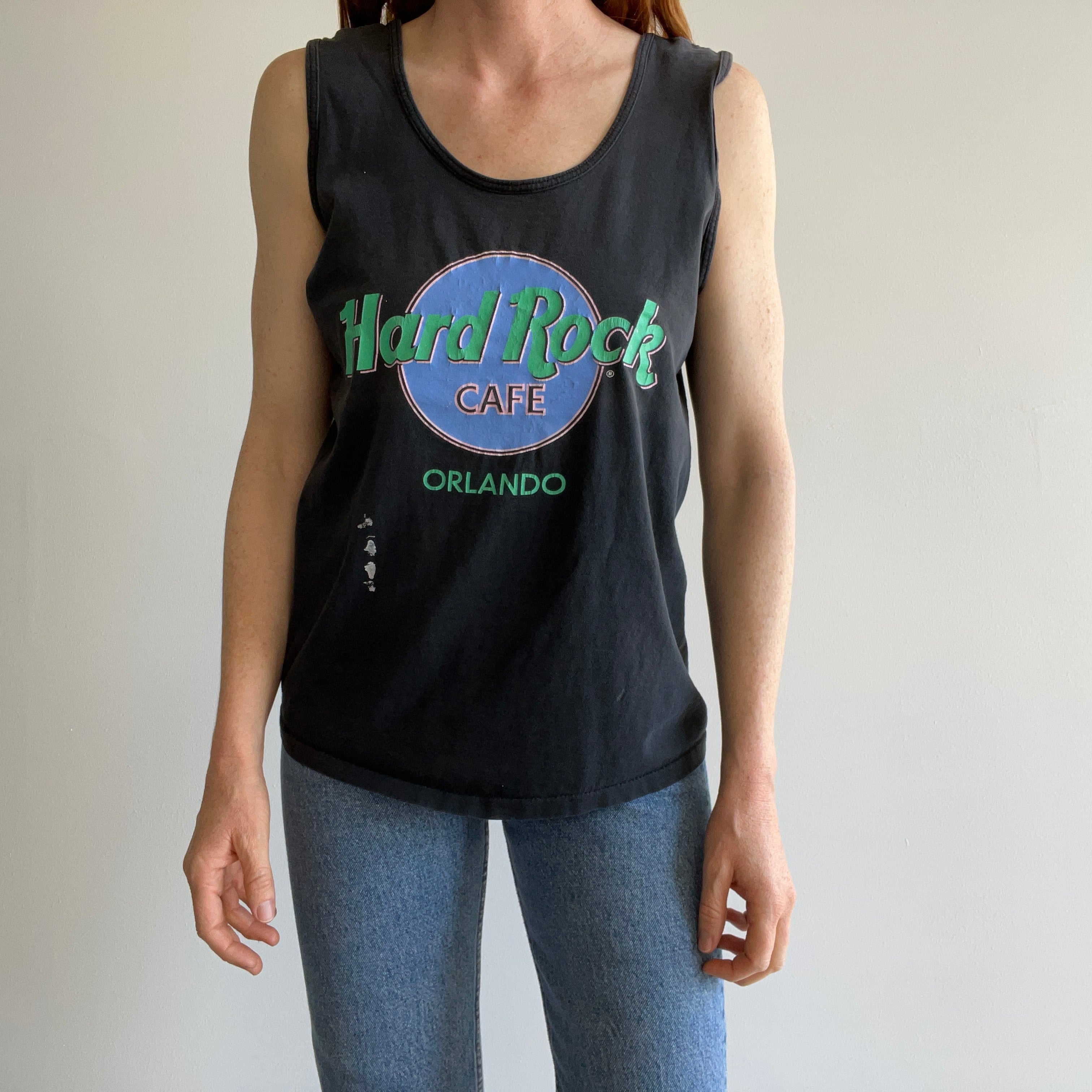 1980s Hard Rock Orlando Faded Cotton Tank Top With Paint Staining