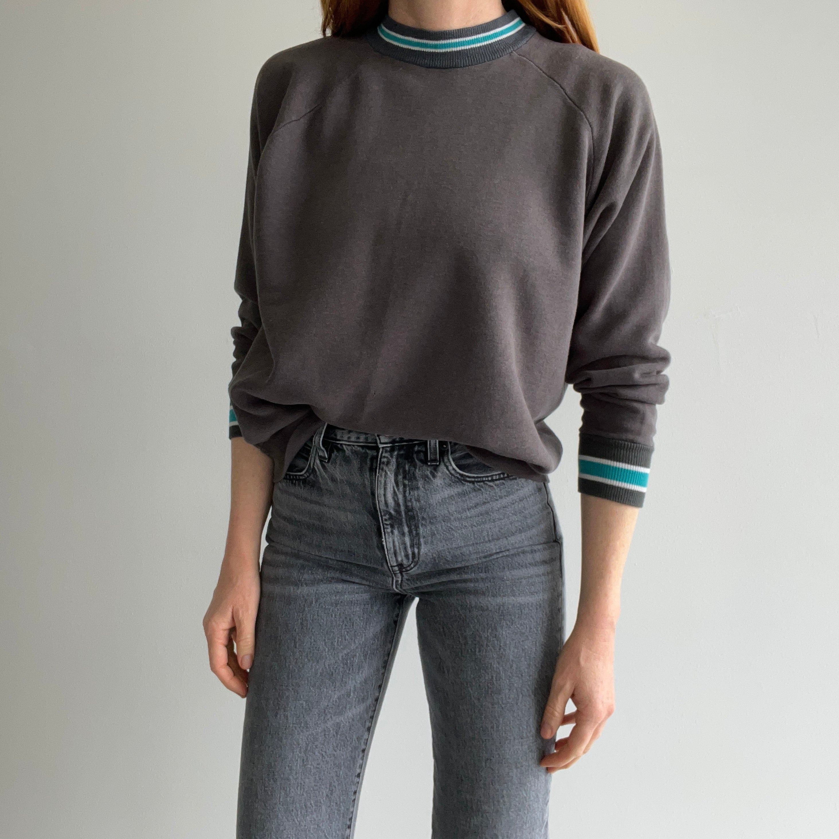 1980s Blank Deep Gray Sweatshirt with Striping