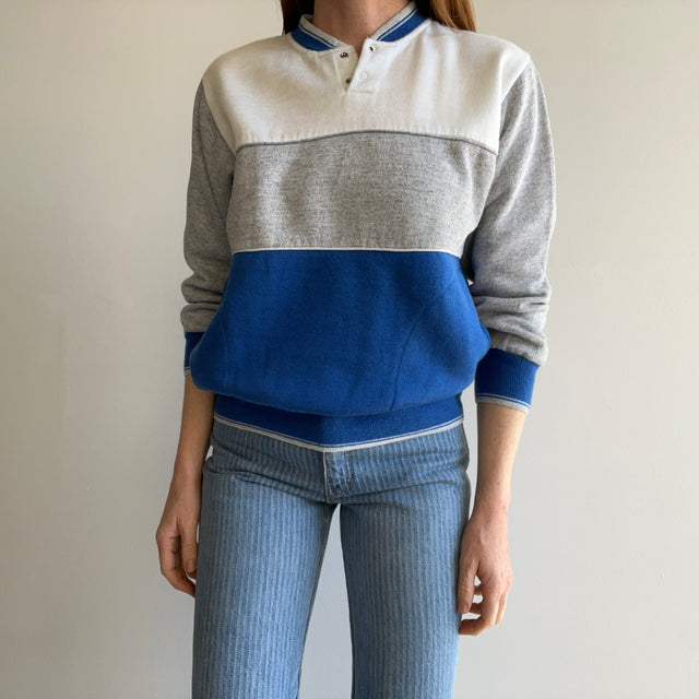 1980s Color Block Henley Sweatshirt with Pockets!