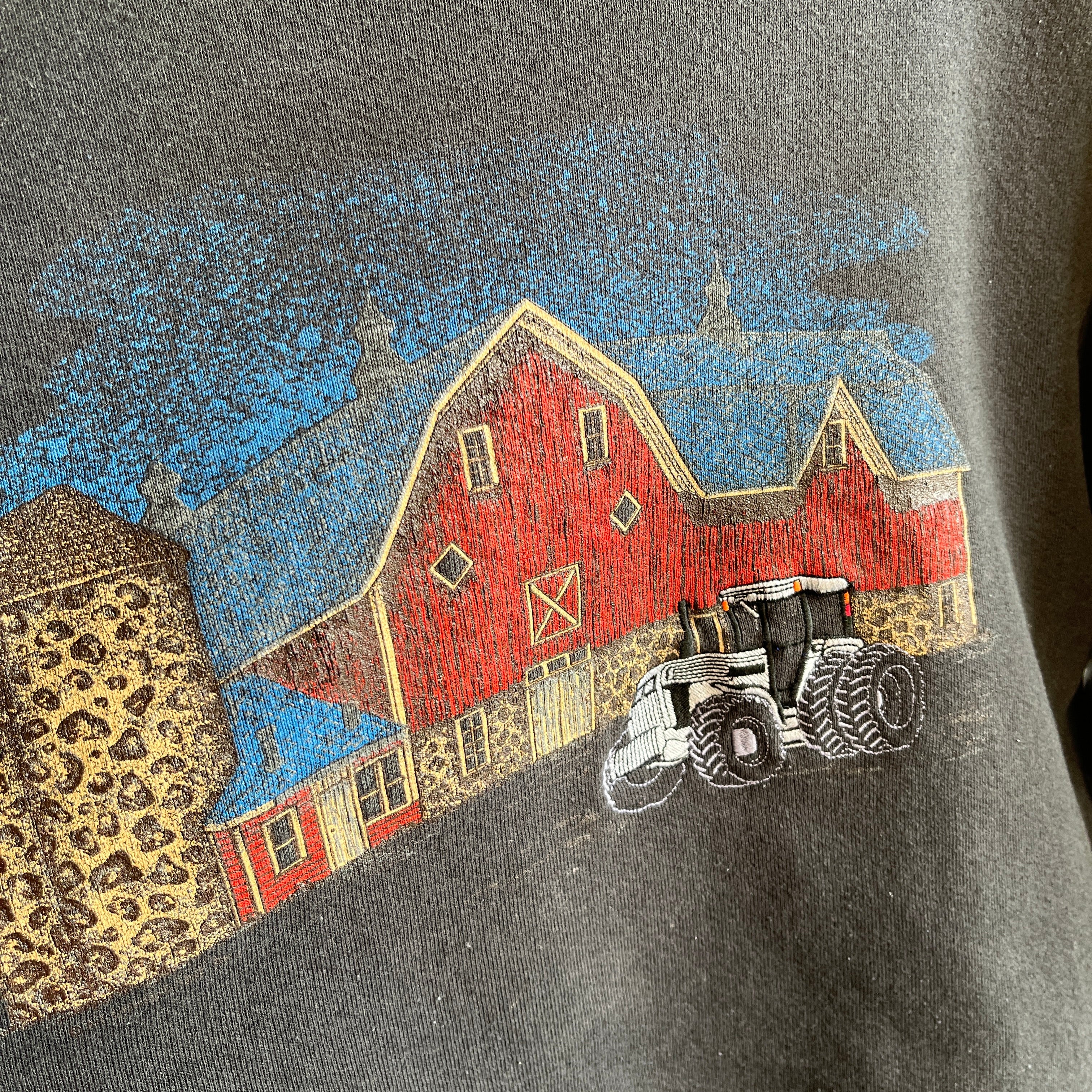 1989 (?) Embroidered Tractor on Screen Printed Barn Sweatshirt - THIS