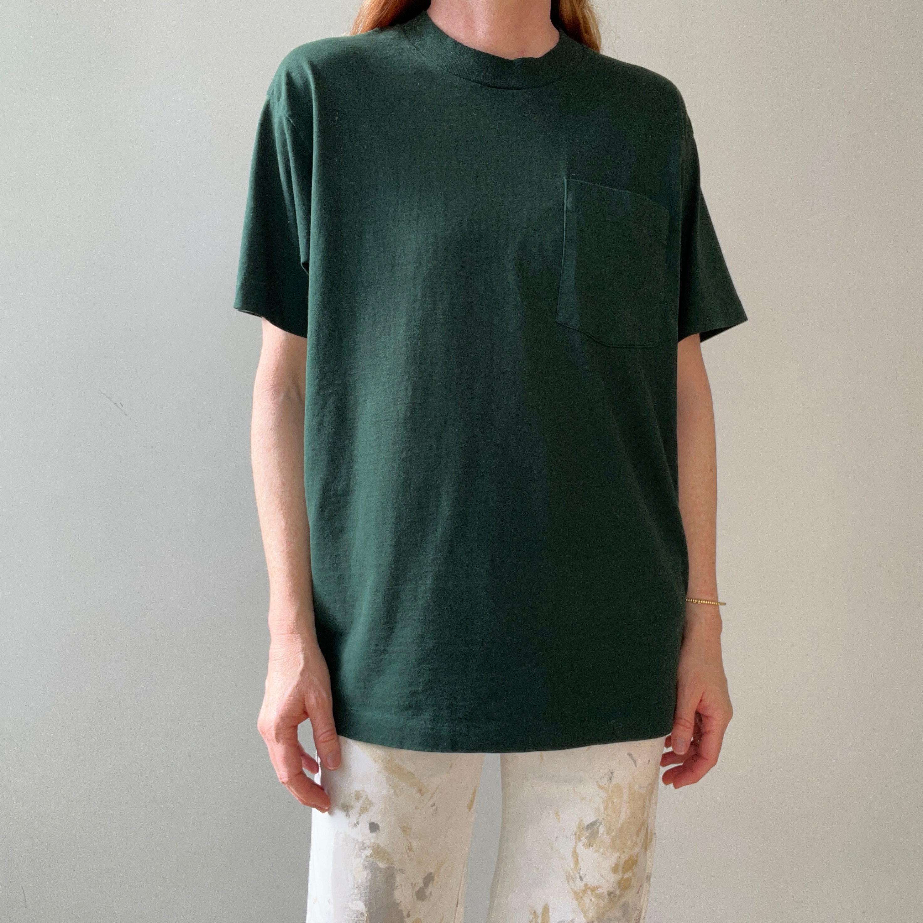 1990s Blank Dark Forest Green Pocket T Shirt - !!!