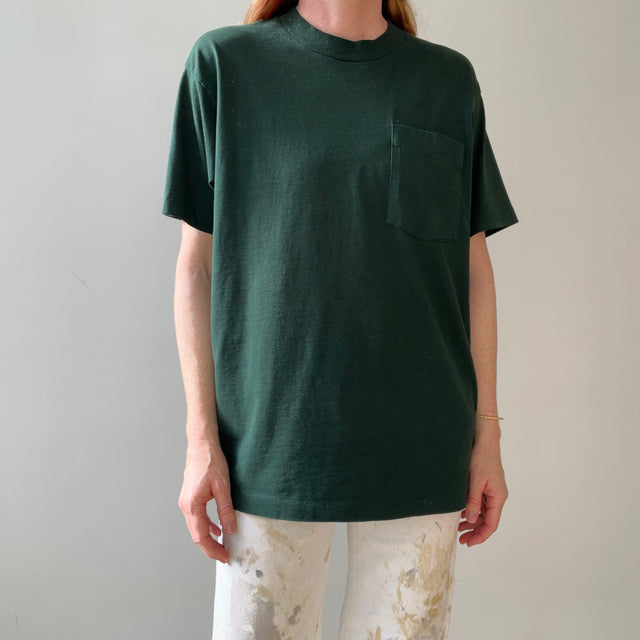 1990s Blank Dark Forest Green Pocket T Shirt - !!!
