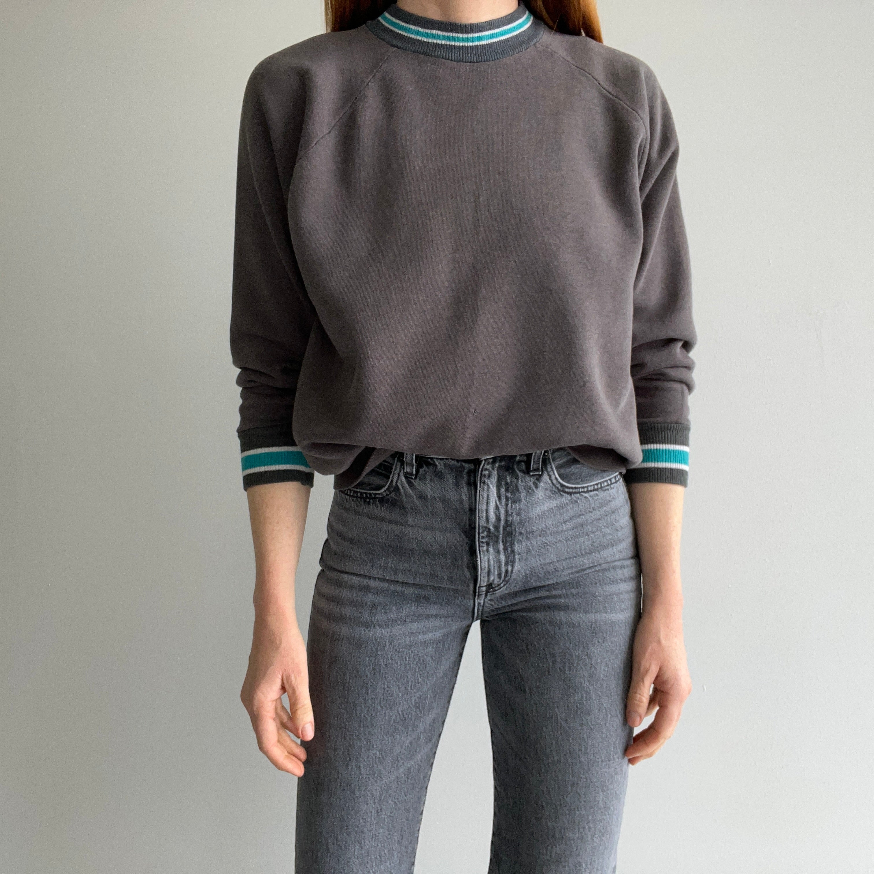 1980s Blank Deep Gray Sweatshirt with Striping