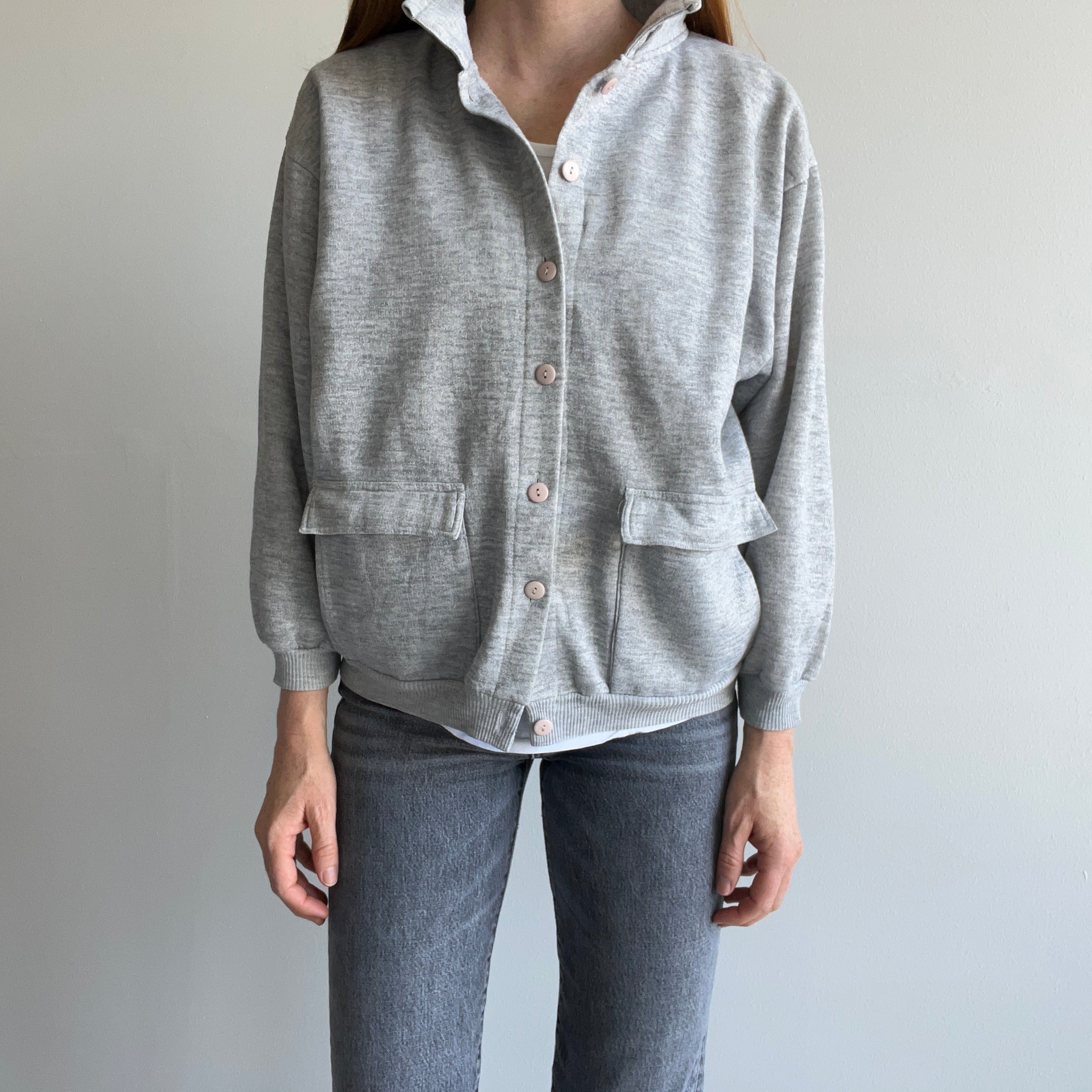 1980s Button Up Blank Gray Cardigan with Pockets for Snacks