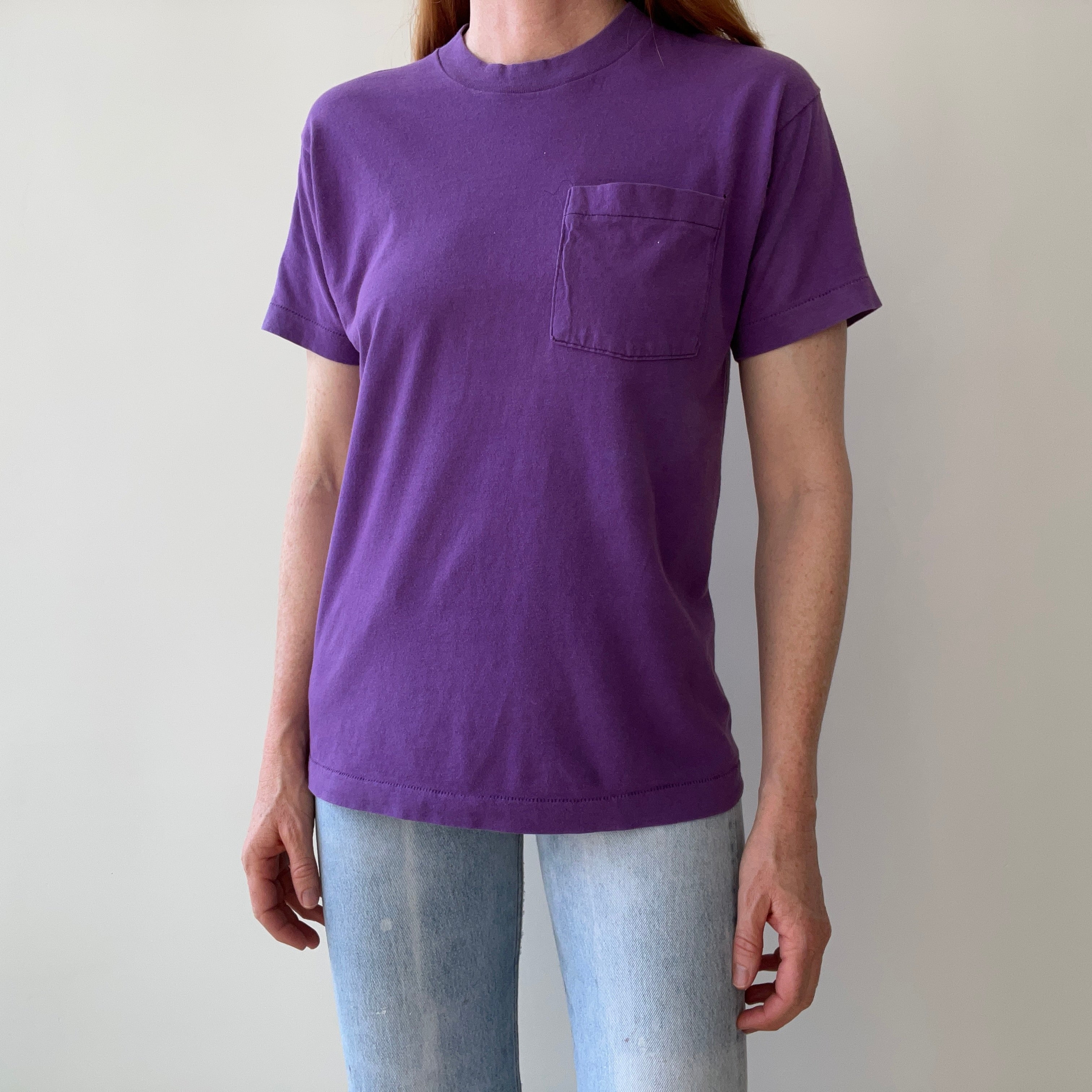 1980s Purple Pocket T-Shirt with the Single Most Wonderful Bleach Mark on the Backside