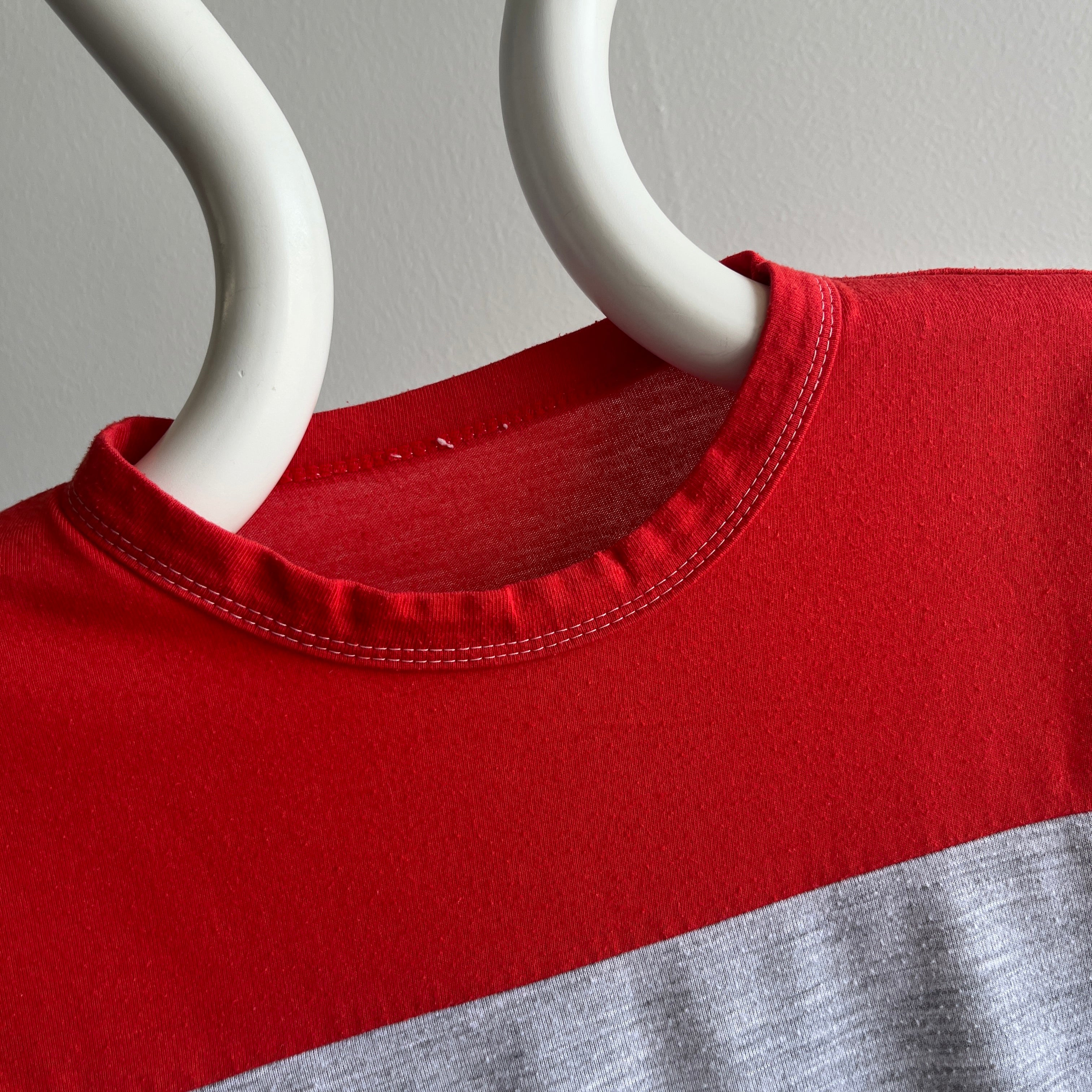 1980s Red and Gray Two Tone Double Stripe 1/2 Sleeve T-Shirt