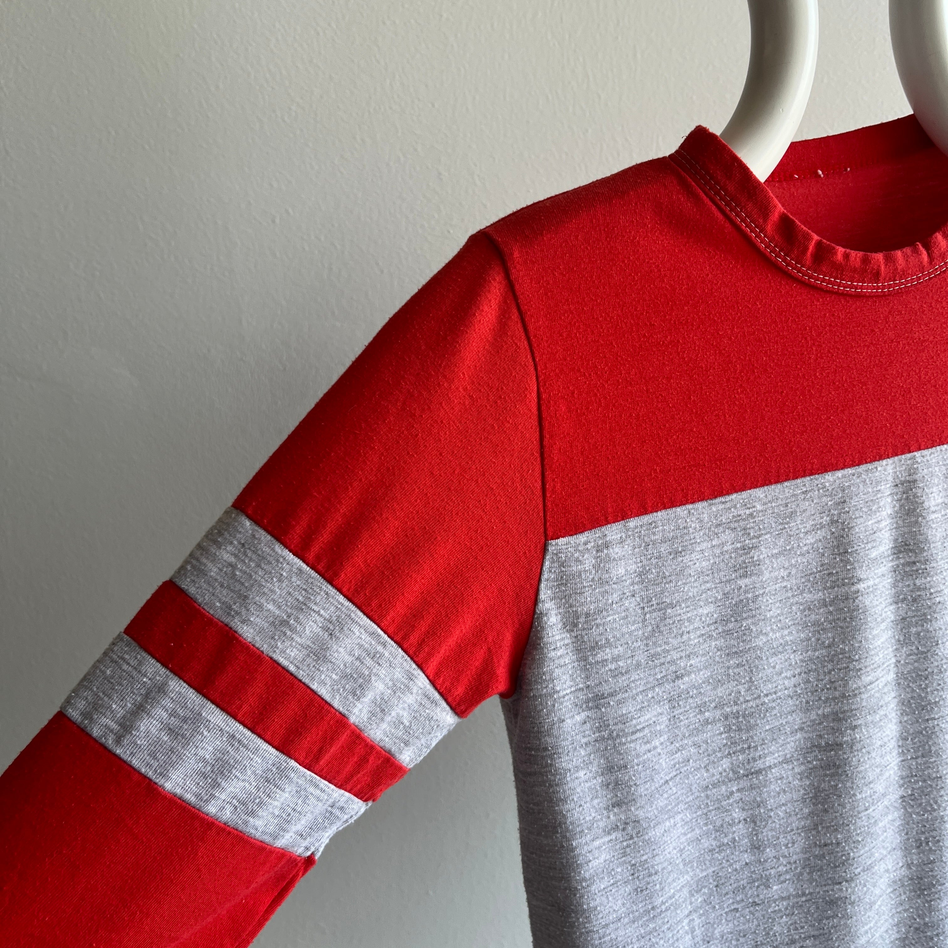 1980s Red and Gray Two Tone Double Stripe 1/2 Sleeve T-Shirt