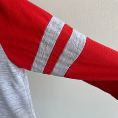 1980s Red and Gray Two Tone Double Stripe 1/2 Sleeve T-Shirt