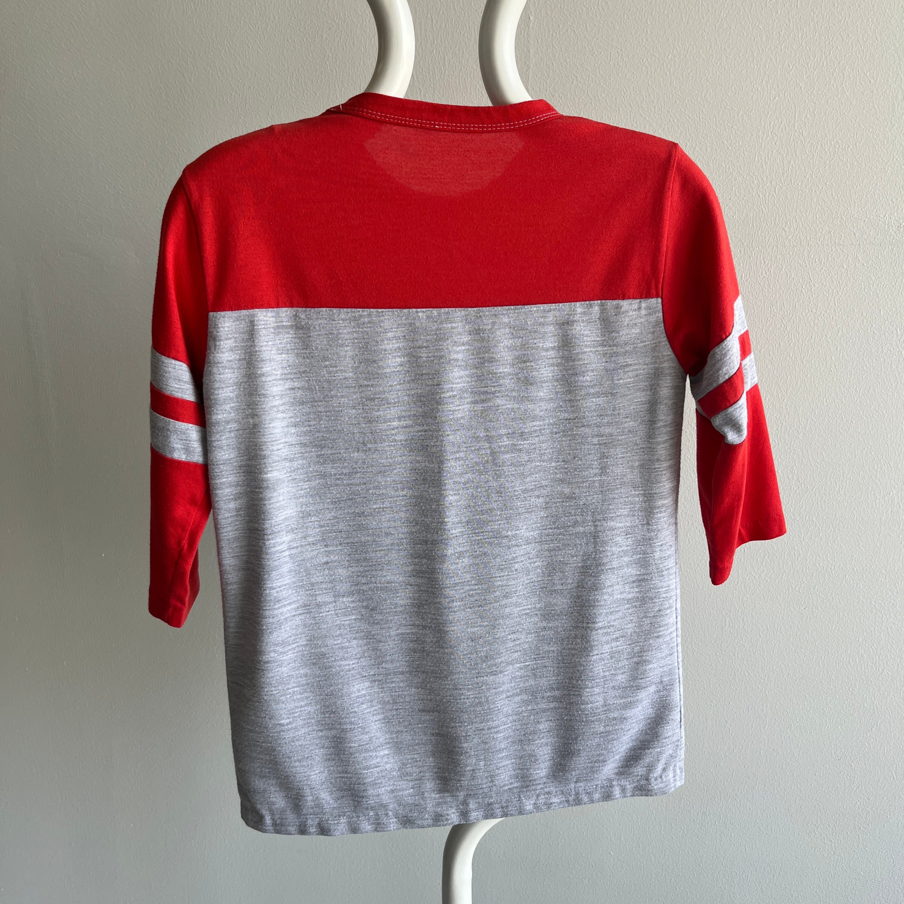 1980s Red and Gray Two Tone Double Stripe 1/2 Sleeve T-Shirt