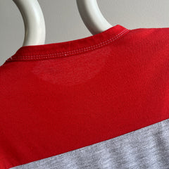 1980s Red and Gray Two Tone Double Stripe 1/2 Sleeve T-Shirt