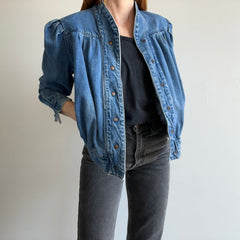 1980s Pleaded Denim Jacket with Snaps and.... SHOULDER PADS! Holy Moly!