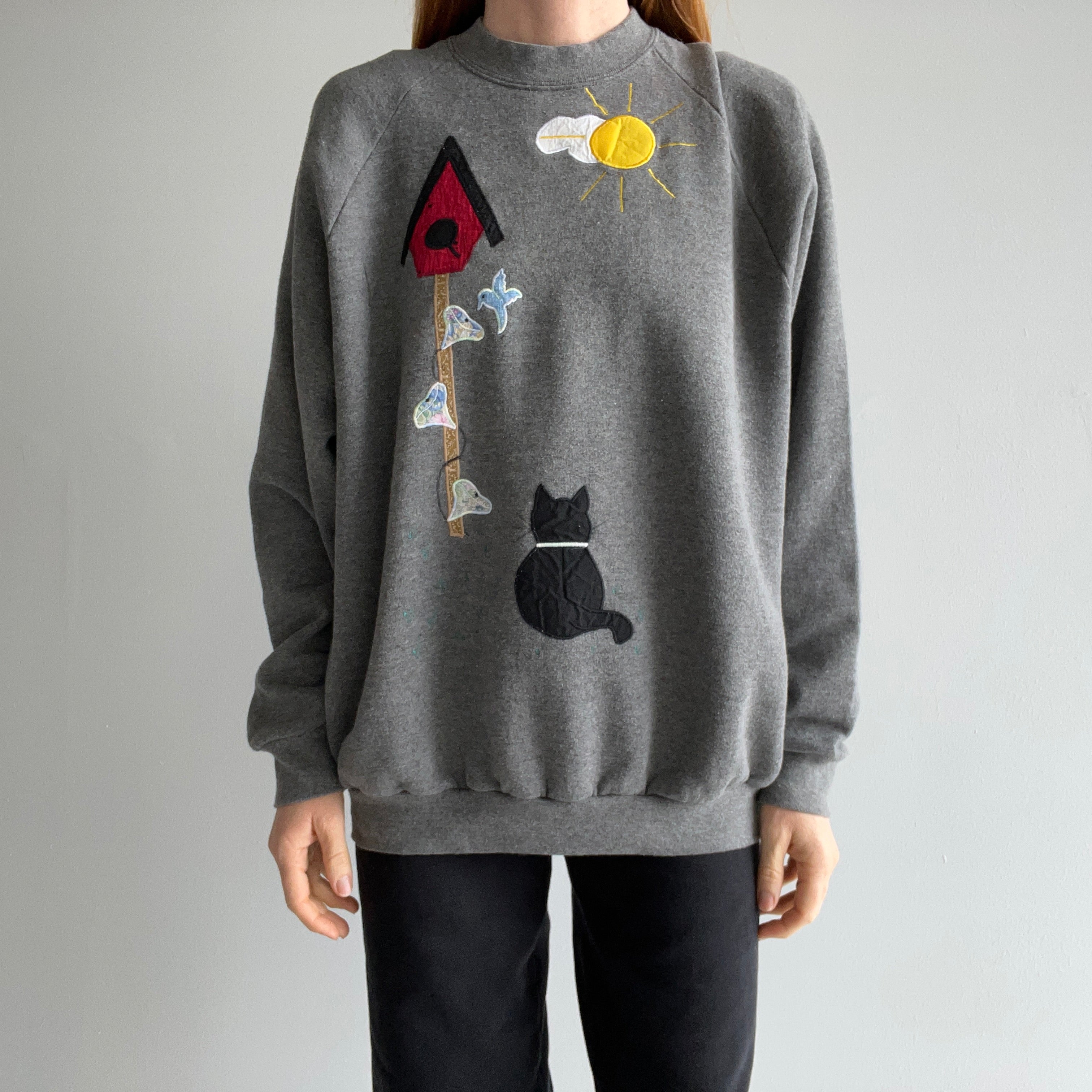 1980s Black Cat Watching the Bird House DIY Sweatshirt