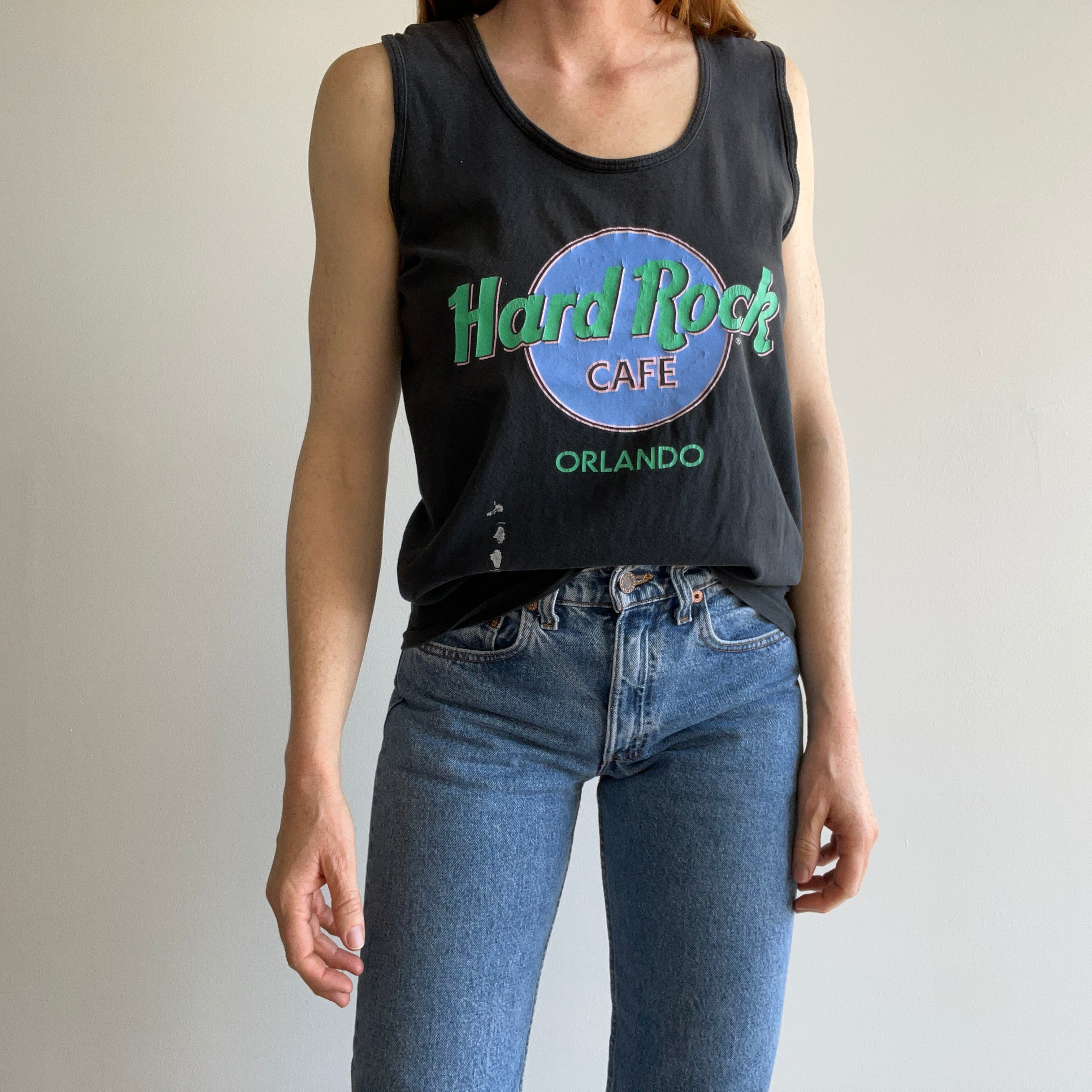 1980s Hard Rock Orlando Faded Cotton Tank Top With Paint Staining