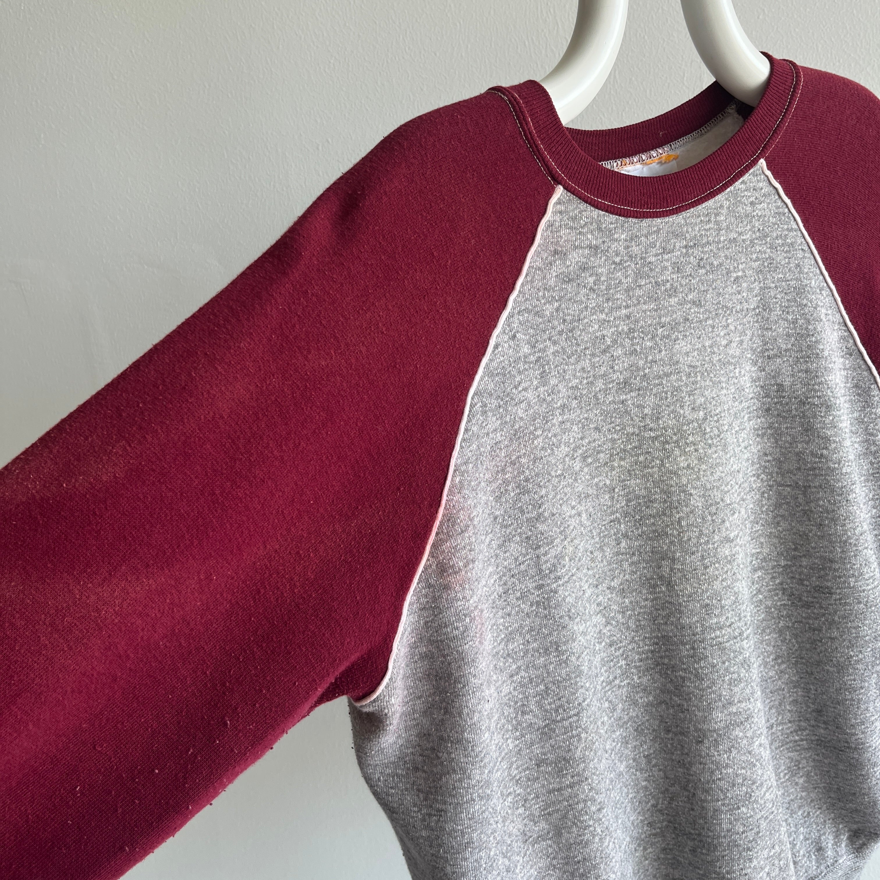1970/80s Two Tone Baseball Sweatshirt with White Piping and Color Bleed