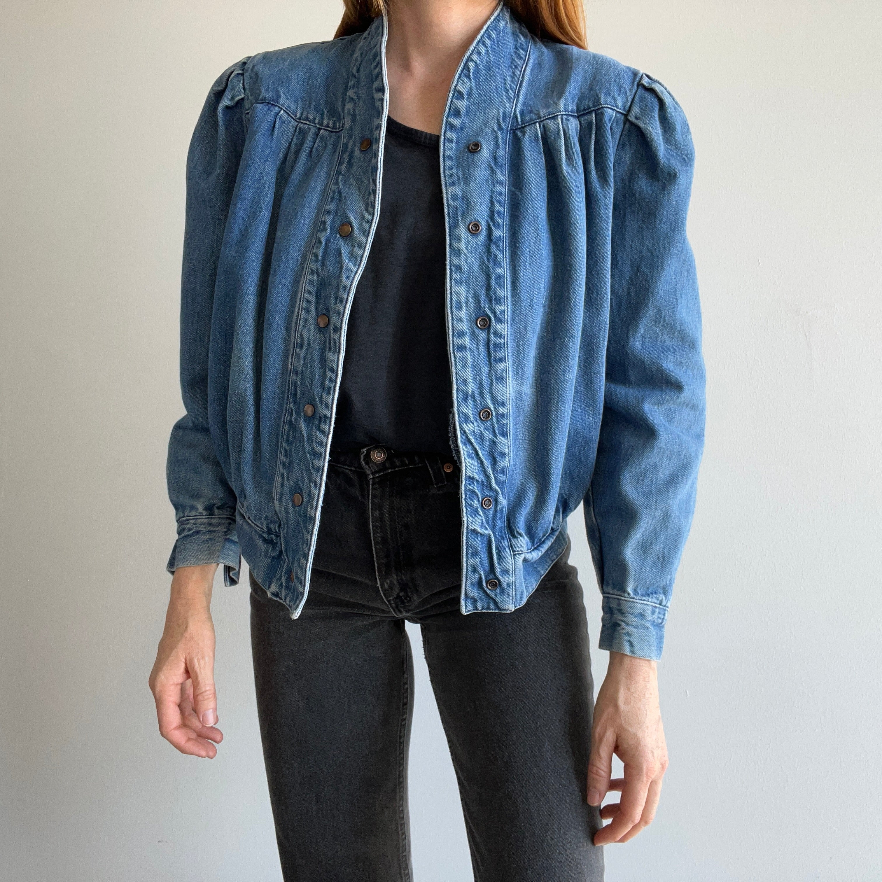 1980s Pleaded Denim Jacket with Snaps and.... SHOULDER PADS! Holy Moly!