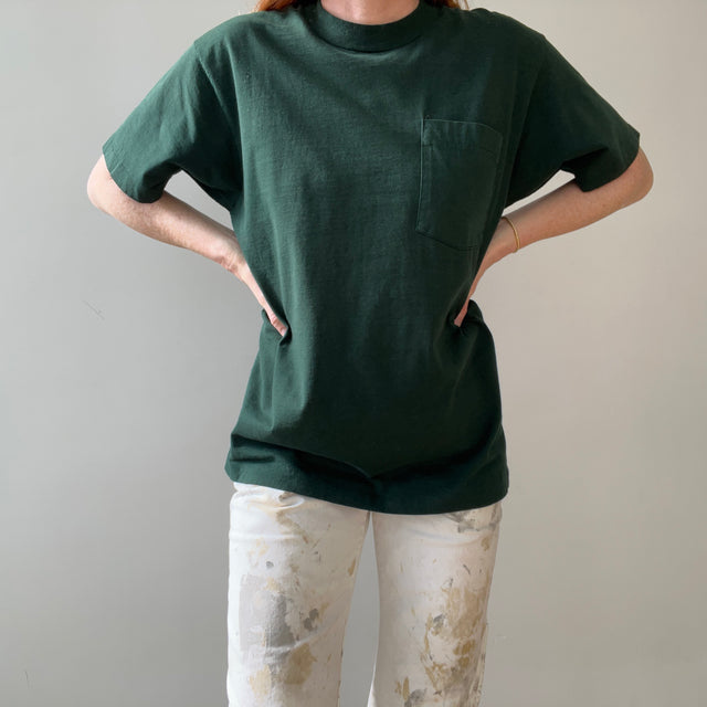 1990s Blank Dark Forest Green Pocket T Shirt - !!!