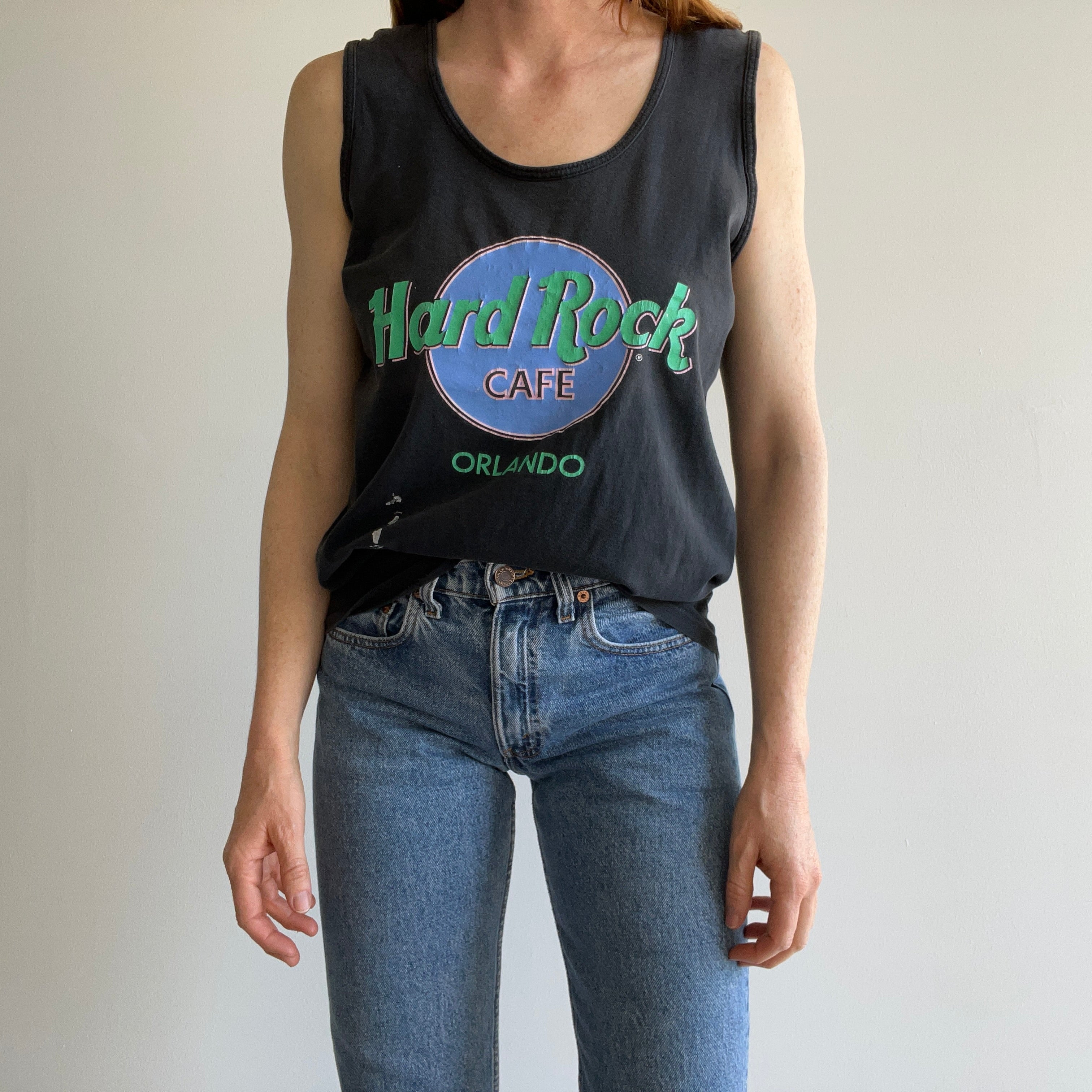 1980s Hard Rock Orlando Faded Cotton Tank Top With Paint Staining