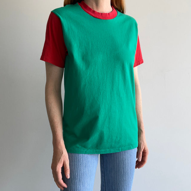 1980s Teel Green and Red Two Tone T-Shirt with Extreme Sun Fading