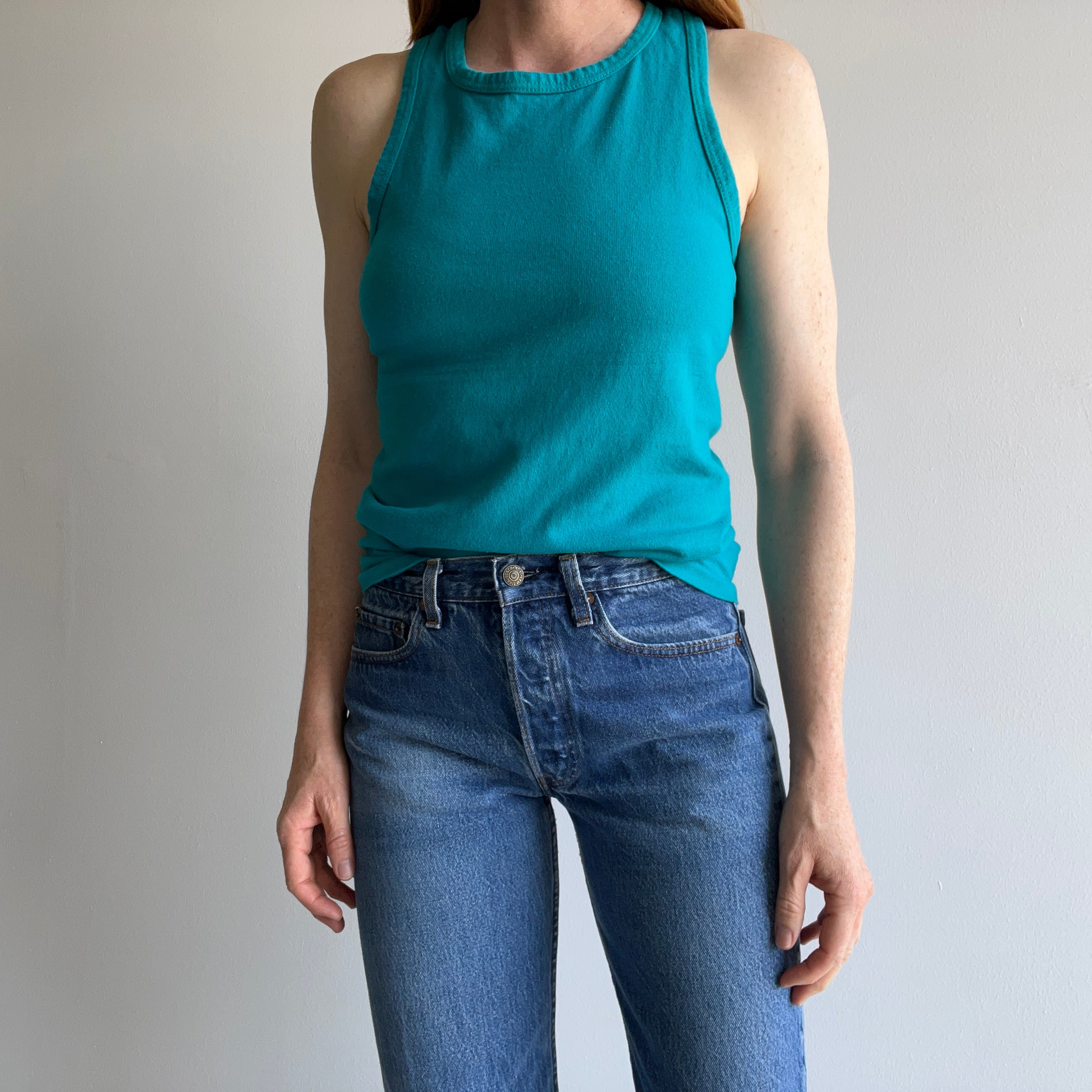 1970/80s Turquoise Cotton Racer Back Tank Top - !!!!!