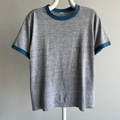 1970/80s Two Tone Gray and Blue Ring T-Shirt (Single Stitch and Worn)