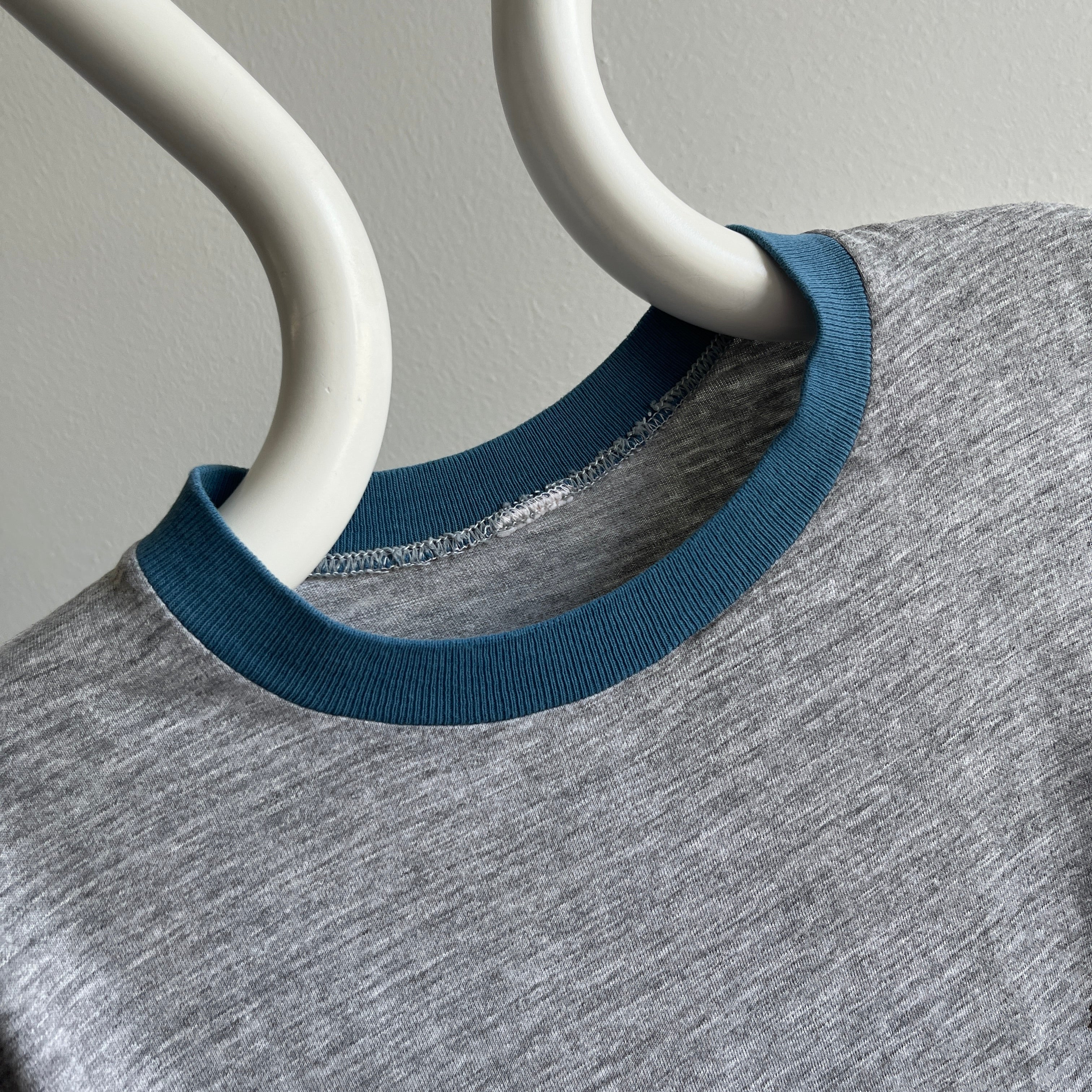 1970/80s Two Tone Gray and Blue Ring T-Shirt (Single Stitch and Worn)